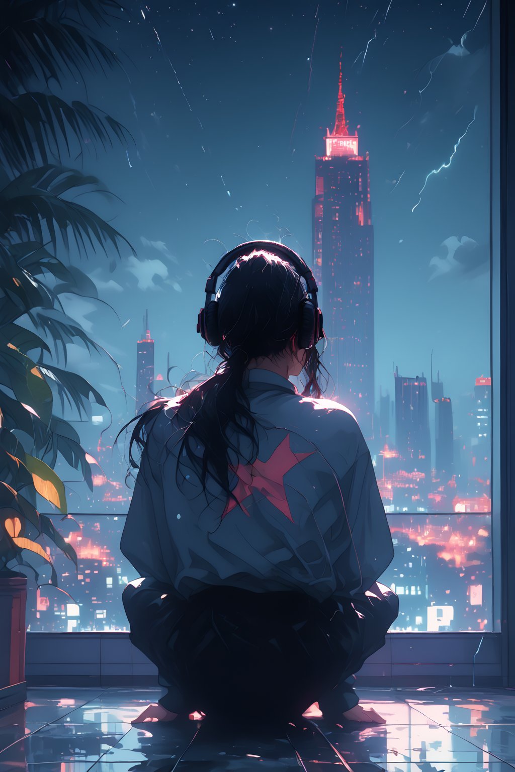 score_9, score_8_up, score_7_up BREAK 1girl, plant, sitting, solo, long hair, sky, potted plant, headphones, star \(sky\), reflection, city lights, scenery, from behind, cloud, window, indian style, facing away, starry sky, night, indoors, night sky, blurry, tiles, shooting star, cityscape, city, skyline, black hair, long sleeves, reflective floor, tile floor, depth of field, shirt, building, rain, water, barefootbody BREAK Pg_style,Magic Style