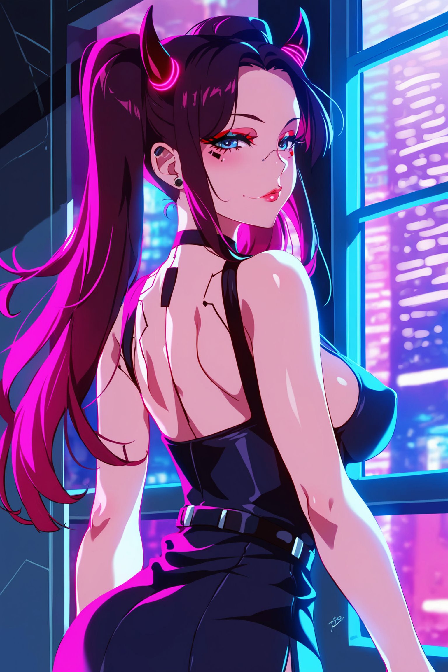 score_9, score_8_up, score_7_up, source_Anime ,jzj, She has long pink twintails and parted bangs. forehead, She is wearing a red and black gothic dress. She has oni horns. The background includes a cyberpunk cityscape visible through a cracked window. Neon glows and deep shadows. Created Using, cyberpunk style, high contrast, vibrant neon colors, sleek design,