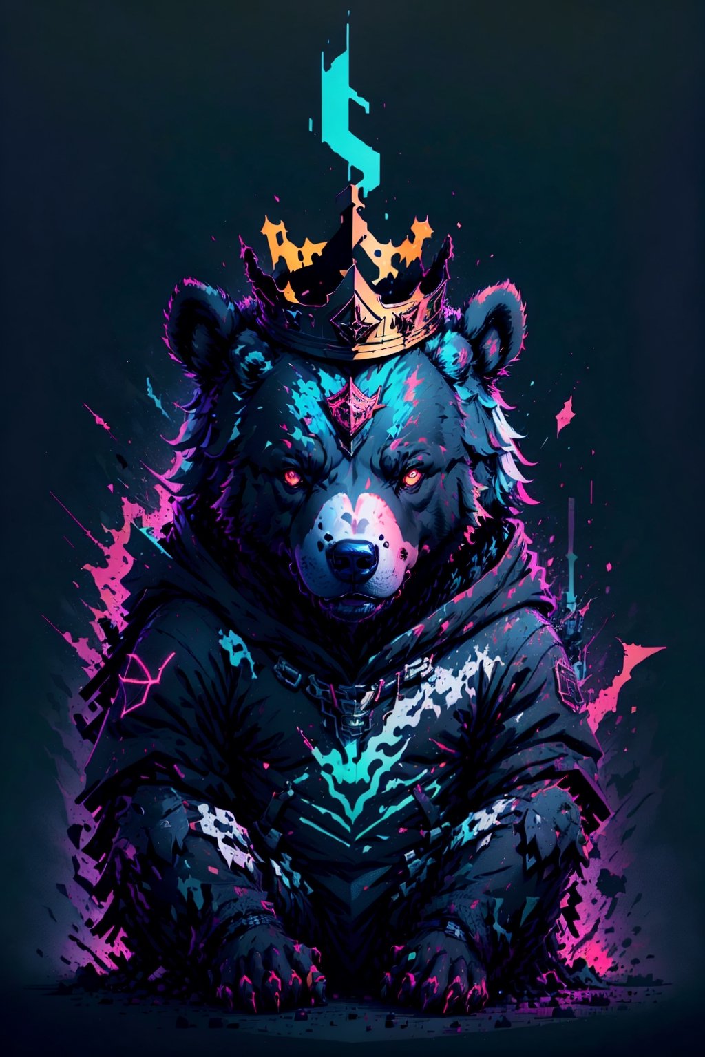 vector style, solo, looking at viewer, simple background, sitting, no humans, res, a cute Bear, animal, beautiful, visually stunning, elegant, incredible details, award-winning painting, high contrast, vector art, line art, splatter, flat color, color merge gradient, , (dark black theme:1.2), (white neon color), glowing,red neon, crown, dog eyes, serious, red,tshee00d,white color