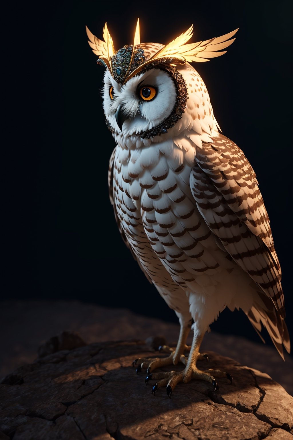 (best quality, 3D, high-res), (cinematic lighting, octane render), Behold a stunning 3D masterpiece featuring an intricately detailed owl with a decorative headdress, illuminated by cinematic lighting, and rendered with the exquisite precision of Octane Render.