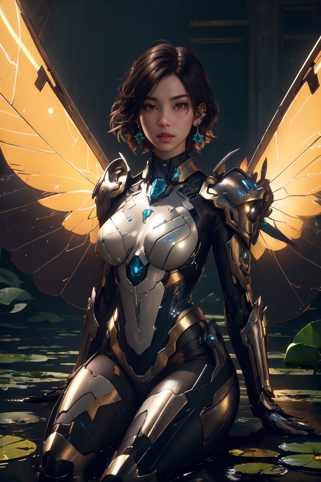 (master piece, best quality:1.2),1 woman, solo, short hair, brown hair, black hair, brown eyes, jewelry, sitting, closed mouth, flower, earrings, wings, artist name, water, armor, lips, bodysuit, glowing, looking away, nose, fairy wings, mechanical wings, lily pad, lotus, spread wings,mecha musume,fantchar,Masterpiece, colors, 3d octane render, 4k, concept art, trending on artstation, hyperrealistic, Vivid colors, extremely detailed,(front light:1.5)unity 8k wallpaper, trending on ArtStation, trending on CGSociety, Intricate, High Detail, dramatic,(super detailed), (beautiful background, detailed background),