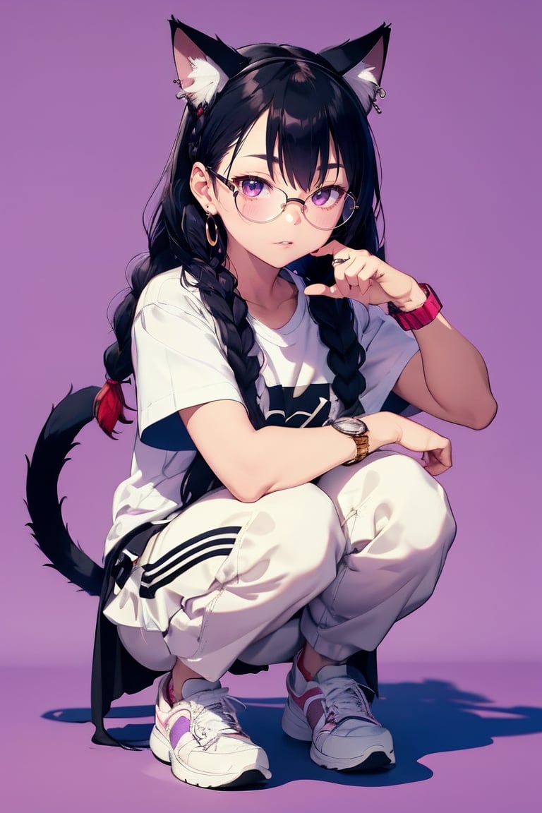 Masterpiece,best quality, ultra detail,jewelry, purple background, ring, braid, shoes, 1girl cat, squatting, shirt, solo, wristwatch, watch, furry, tail, sneakers, long hair, simple background, sunglasses, twin braids, animal ears, socks, necklace, full body, short sleeves, yellow-framed eyewear, fingernails, red shirt, whiskers, glasses, white footwear, pants, earrings, piercing, furry female, bracelet, looking at viewer, shadow