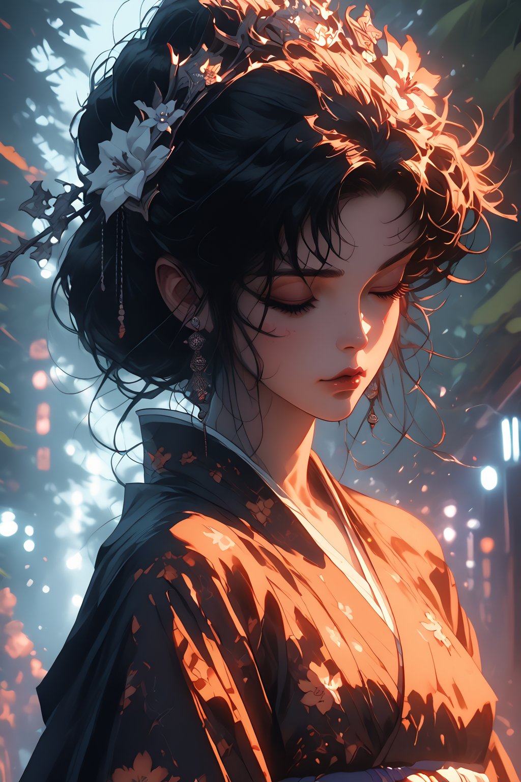 score_9, score_8_up, score_7_up BREAK 1girl, japanese clothes, kimono, solo, spot color, closed eyes, hair ornament, flower, sash, obi, hair flower, tree, floral print, makeup, monochrome, lips, black hair BREAK Pg_style,Magic Style