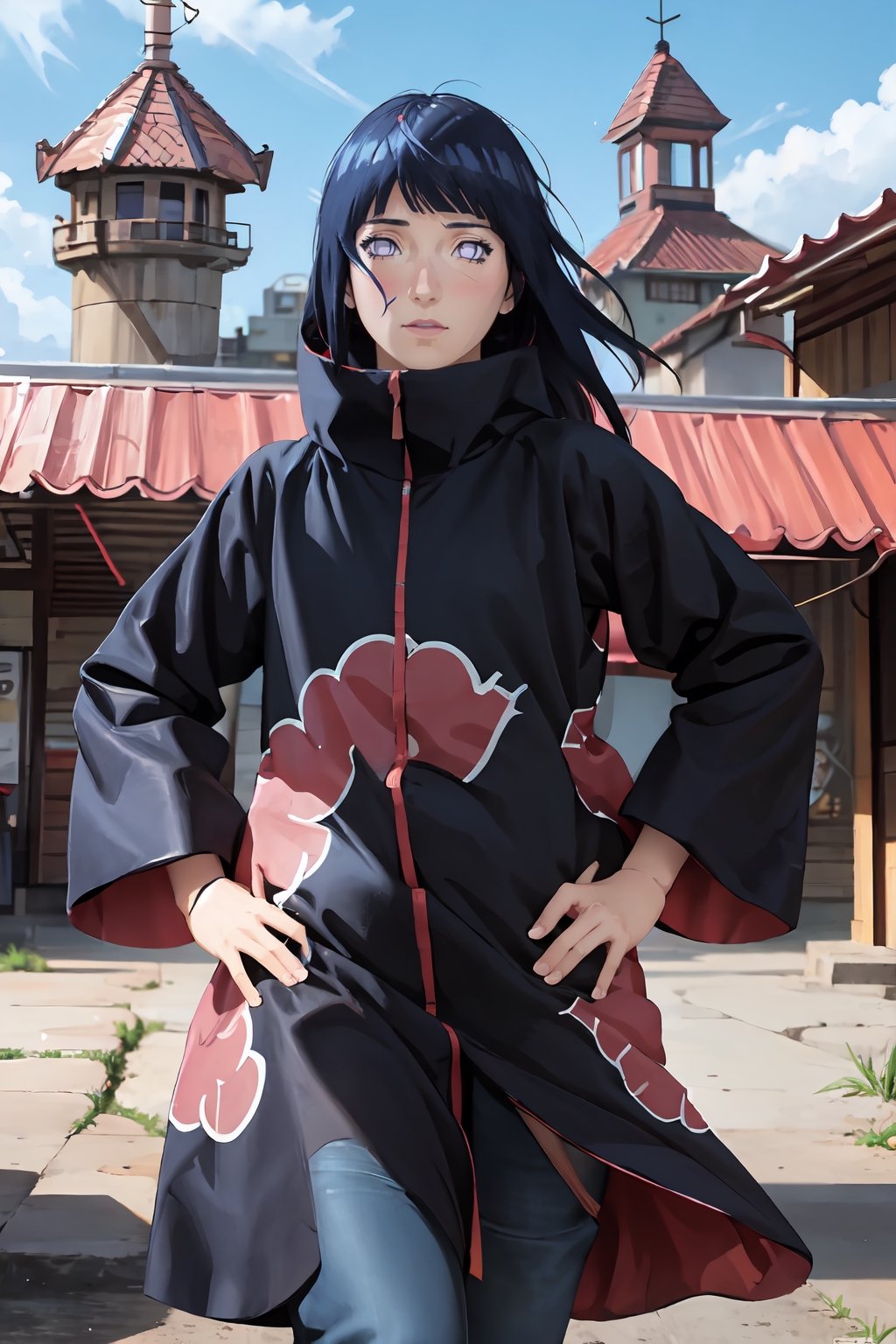 Ultra detailed illustration ,(ultra detailed face), bright colors, high saturation, (flat colors),screencap,akatsuki,outfit,Color Booster,Hinata,akatsuki outfit,ChopioHinata,hinata(shippuden),back ground city centre 