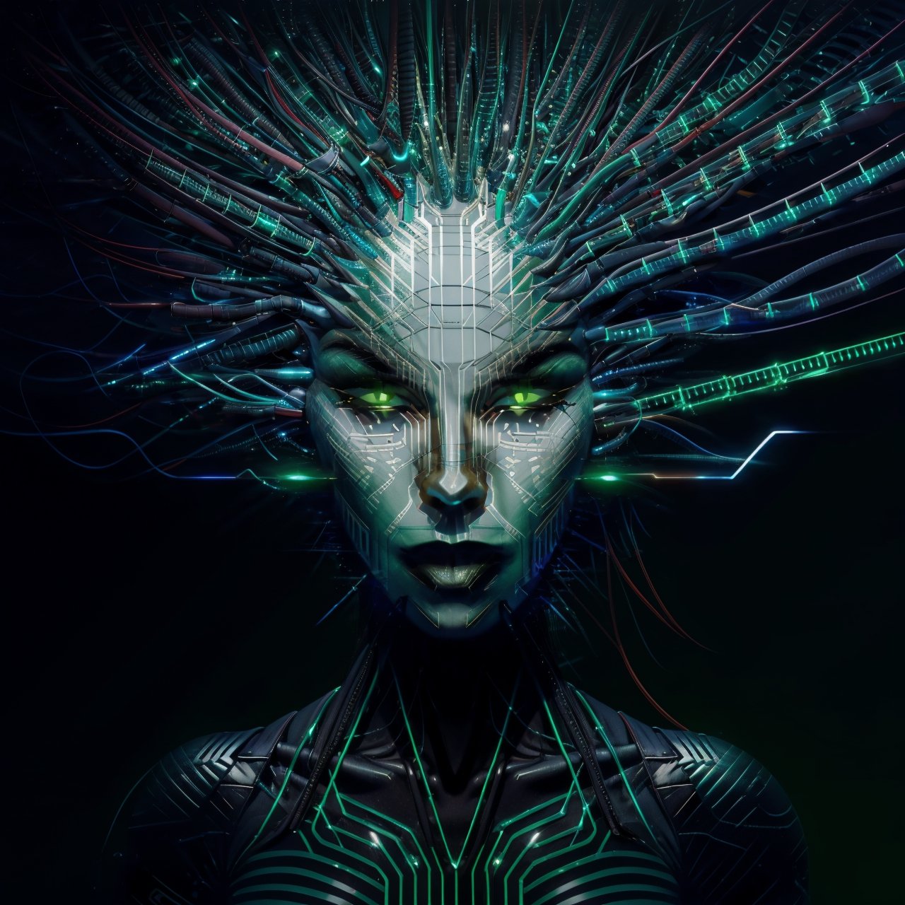 , shodanSS_soul3142, 1girl,  glowing eyes, green theme, tube in head, cables, neon, science fiction, circuit board  background,shodanSS_soul3142, portrait