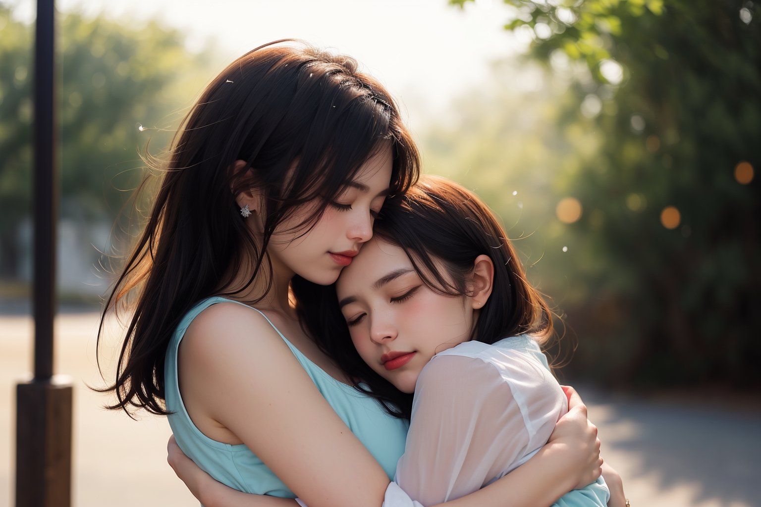 (Magical Digital Artwork:1.3) of (Visual novel:1.3),(Romantic:1.3) a mother hug daughter, closed eyes, mid-shot, (bokeh:1.3), (light particles:1.3), (haze:1.2), (depth of field:1.3), (lens flare:1),(by Artist Kadir Nelson:1.3),CGSociety,ArtStation,(Provia:1.3)