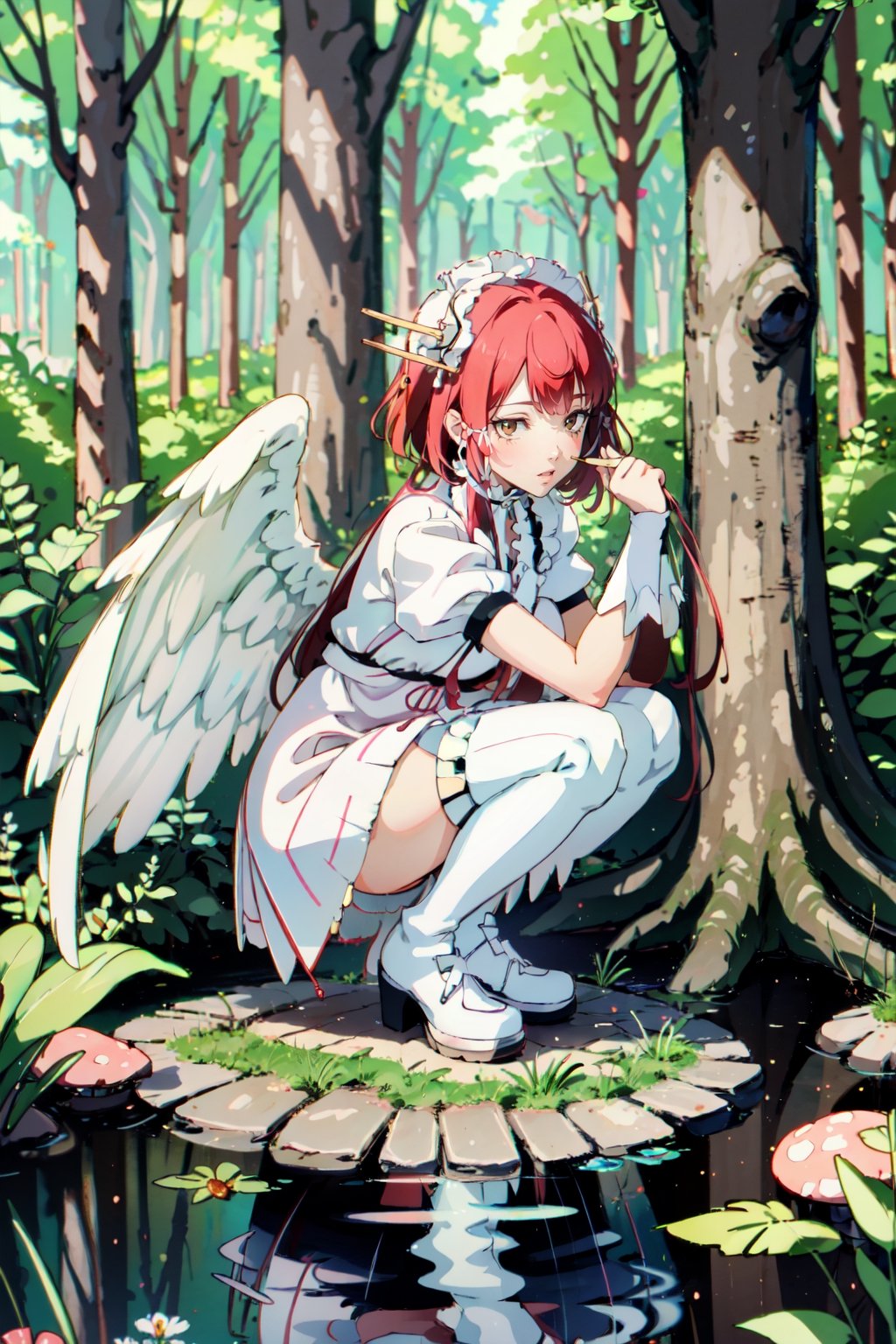  1girl, solo, short hair, thighhighs, dress, red hair, short sleeves, boots, outdoors, wings, striped, puffy sleeves, red eyes, water, tree, puffy short sleeves, squatting, pink dress, nature, striped thighhighs, forest, rain, fairy wings, fairy, mushroom, pink thighhighs,midjourney,Persona3Chidori,angel_wings