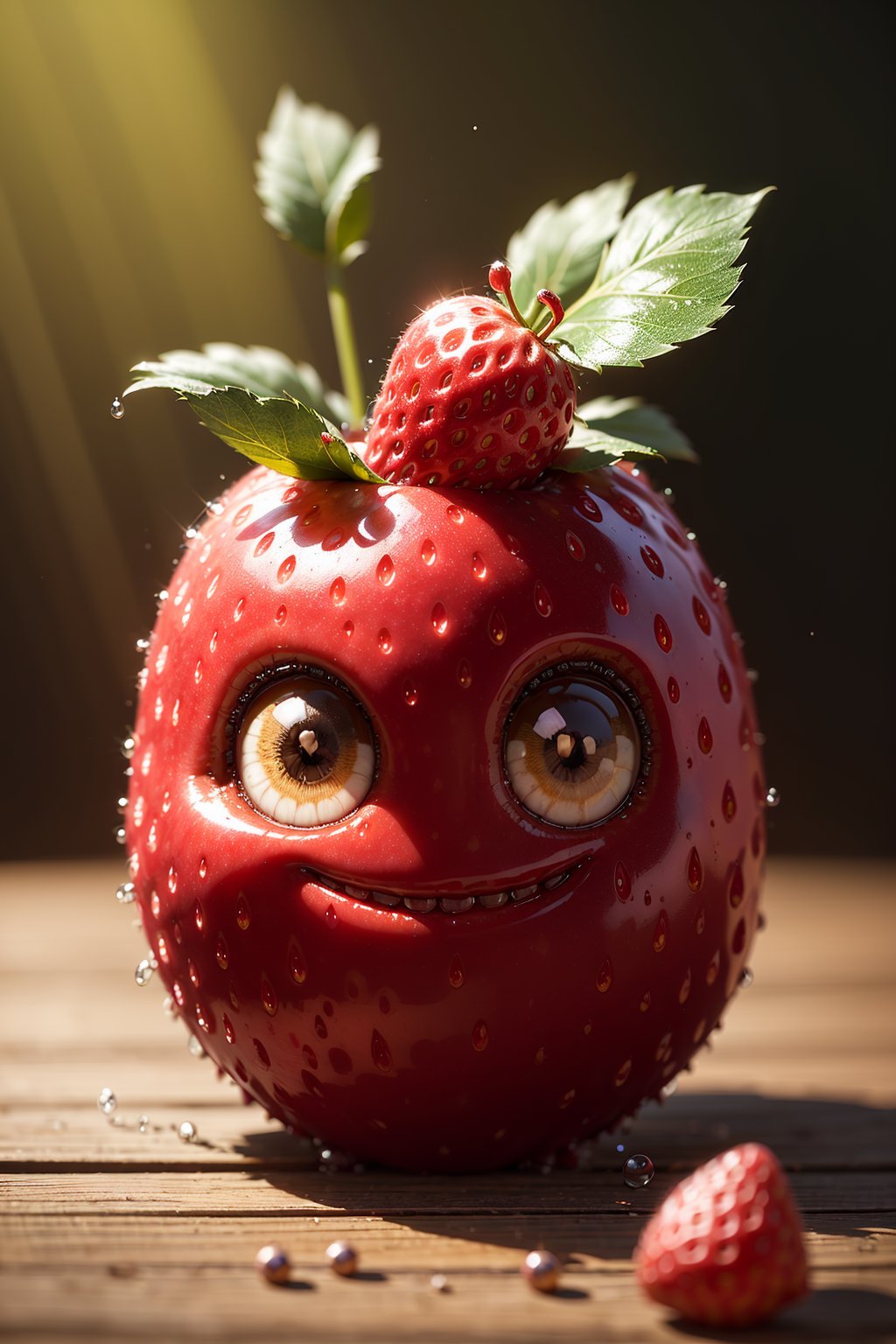 ((masterpiece:1.3,concept art,best quality)),very cute appealing anthropomorphic strawberry,looking at the viewer,big grin,happy,fruit,berry,droplets,macro,sunlight,fantasy art,dynamic composition,dramatic lighting,epic realistic,award winning illustration