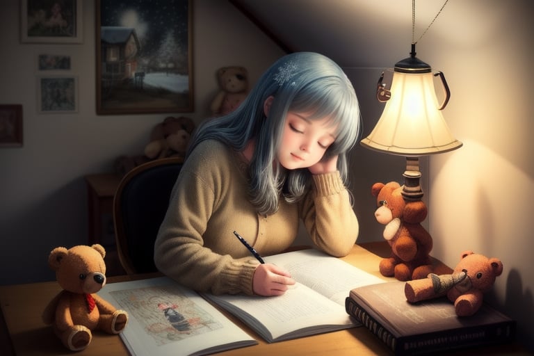 A heartwarming and nostalgic illustration of an anime girl studying in a cozy attic room, a vintage lamp casting a warm glow, old family photos pinned to the walls, a worn-out teddy bear as her study companion, outside, gentle snowflakes gently falling, creating a sense of comfort and tranquility, Illustration, pastel drawing on canvas, --ar 16:9 --v 5