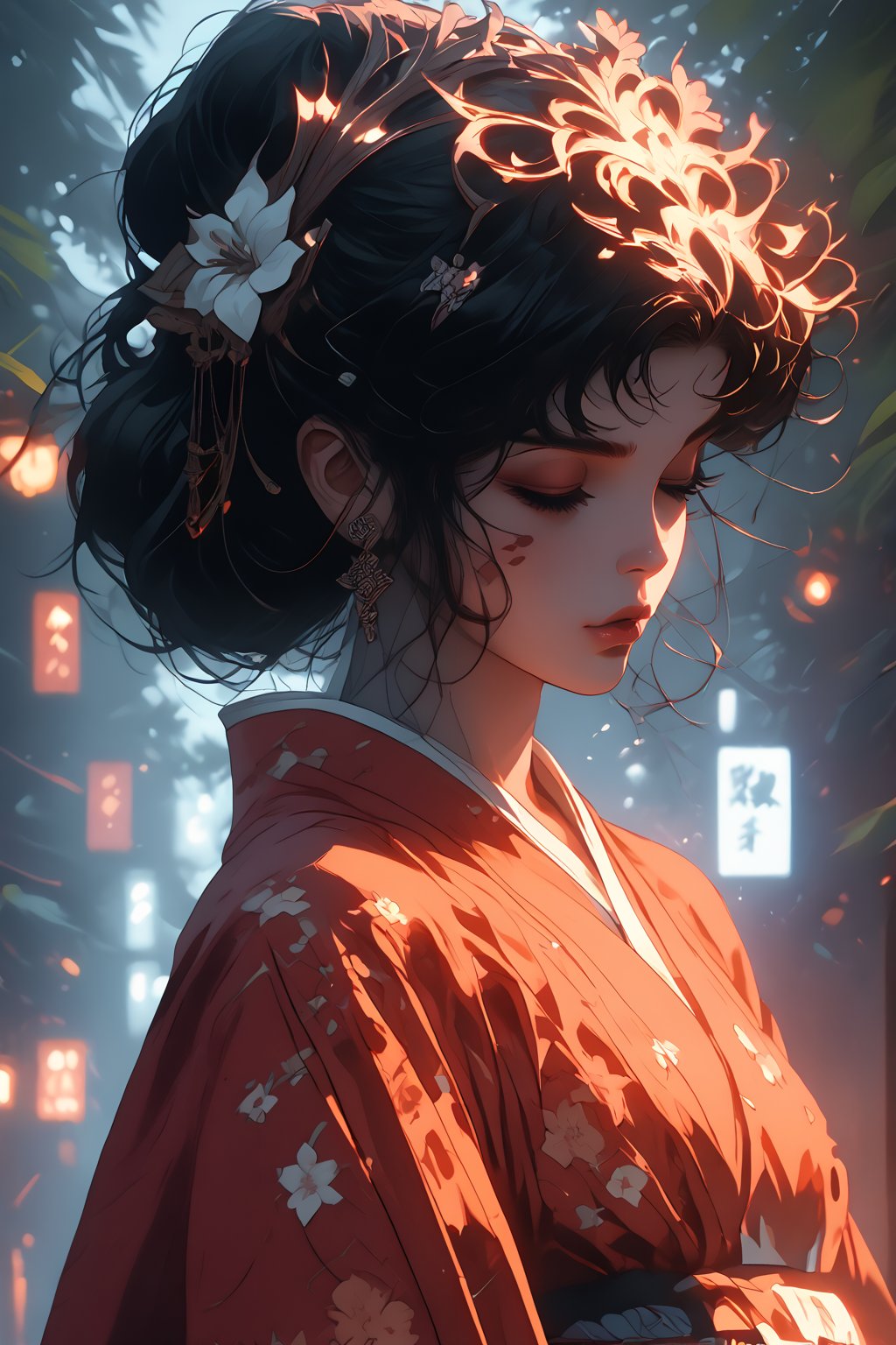 score_9, score_8_up, score_7_up BREAK 1girl, japanese clothes, kimono, solo, spot color, closed eyes, hair ornament, flower, sash, obi, hair flower, tree, floral print, makeup, monochrome, lips, black hair BREAK Pg_style,Magic Style