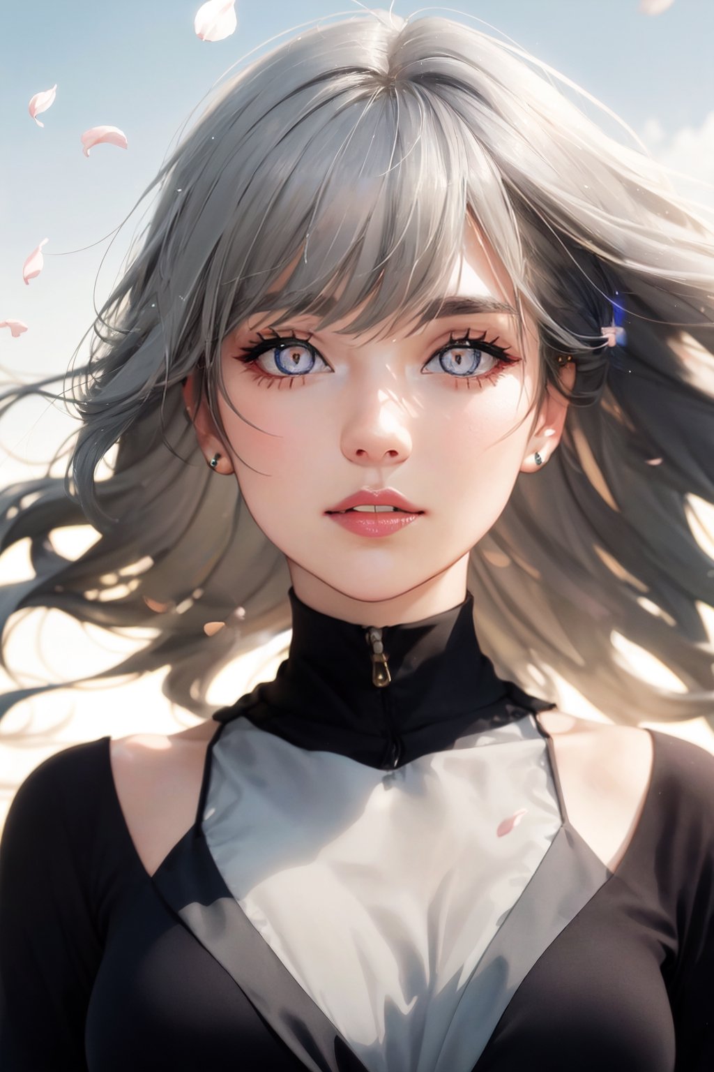 (front lighting:1.5),(masterpiece, high resolution, realistic portrait:1.3), an anime woman with an ethereal presence, portraying a serene sisterly figure, (long silver-white hair:1.2), cascading down her back, (light pink lips:1.1), gentle and calm, bangs elegantly framing her face, (gray pupils:1.4), radiating a sense of wisdom, standing in a cold wind, (realistic portrayal:1.1), delicate petals dancing in the air, (flower background:1.2), adding a touch of beauty and fragility, (calm and rational expression:1.1), portraying her composed nature, (delicate and serene face:1.2), capturing her tranquility, mid-shot focusing on her delicate features, (subtle wind-blown strands of hair:1.1), (background music:1.2), evoking a sense of calmness and introspection..Spotlights, Volumetric lighting, soft lighting,hard lighting ,front lighting sun ,(view sun)