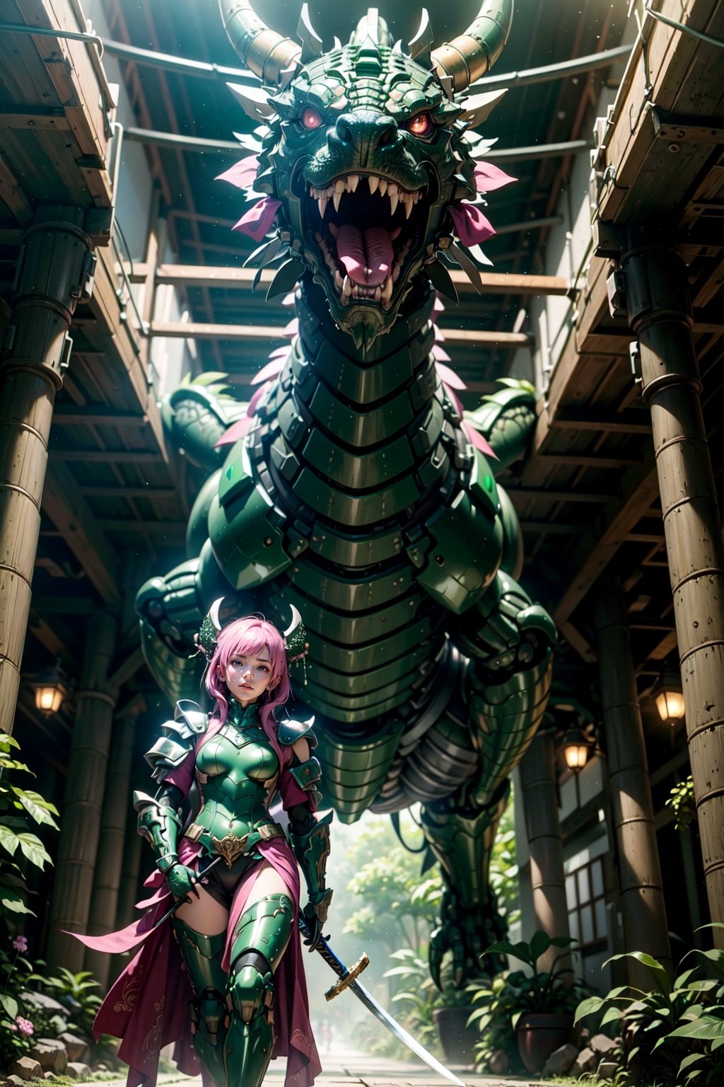 (Masterpiece,high definition, best quality, superior quality, intricate details, beautiful aesthetic:1.2),high quality, 8k, raw, ultra details, extremely detailed and beautiful,A fierce samurai warrior maiden wields a glowing pink katana as she battles an ancient green dragon amidst a magical misty bamboo forest, ribbons and leaves swirling around her. Dynamic action pose, flowing pink and green fabrics, neon lighting, intricate armor details. Japanese fantasy landscape.16k,Girl Facing Dragon,Back to camera,Lens hyperopia mecha musume,mechanical parts, 3d render, cgi, symetrical, octane render, 35mm, bokeh, (intricate details:1.12), hdr, (intricate details, hyperdetailed:1.15),mecha musume