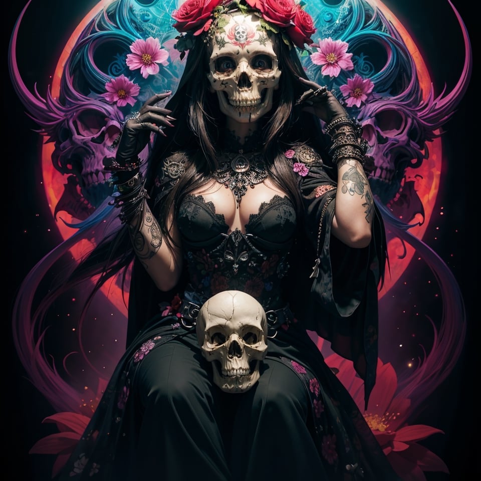 A close-up of a skull with a flower on its head, fantasy skull, detailed color scary art, 4K color scary art, sacred skull, Conjuring a psychedelic background, detailed digital illustrations, skull, sacred skull, psychedelic illustration, sugar skull, skull face, death skull, color scary art, liminal skull void background, psychedelic art style