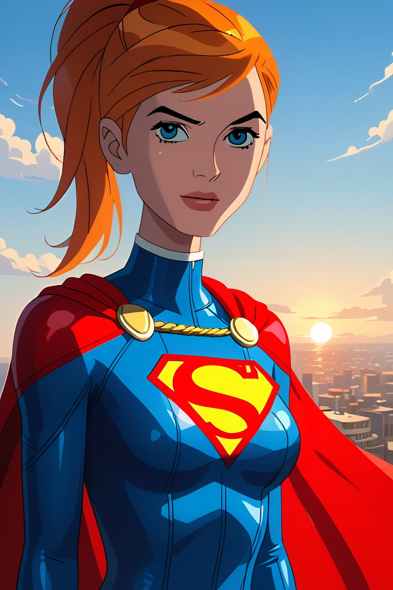 score_9, score_8_up, score_7_up, source_anime ,jkj,1girl,Gwenalienforce,(green eyes:1.5), solo, ponytail , (orange hair),Black eyebrows,toothy smile,rating_questionable 
break
Shiny skin, glossy skin, detailed skin, shiny, glossy hair, day.
Break 
supergirl, cape, skirt, pantyhose, superhero, solo, sun, blue sky, best quality, (intricate detail:1.2), (delicate detail), (cinematic light), clear line, sharp focus,m, detailed face, unity 8k background, ultra high res, looking at viewer ,, red skirt, sky and clouds background, red cape,intricate_details_xl