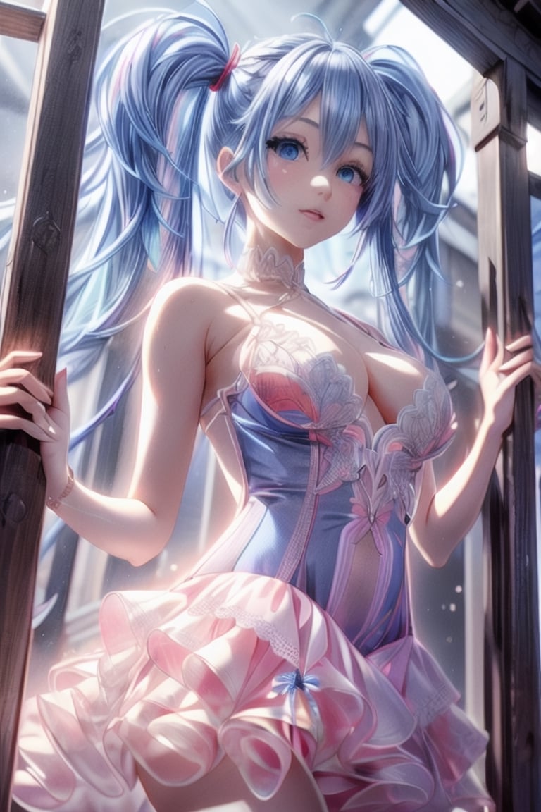 A girl leaned her hands against the fence, 1 younger cute girl, outline, Concept Art, extremely detailed wallpaper, dutch angle, View from below, depthoffield, shiny skin, slender waist, 1 girl, young girl, twin tail, blue hair.lace, extremely beautiful detailed anime face and eyes, light blush, Beautiful detailed gemological eyes, small breast, beautiful detailed blue eyes, Smooth and radiant skin, frilled dress, vary blue and red and orange and pink hard light, complex details, wallpaper, extremely detailed CG, masterpiece,glowing clothes,twin tail