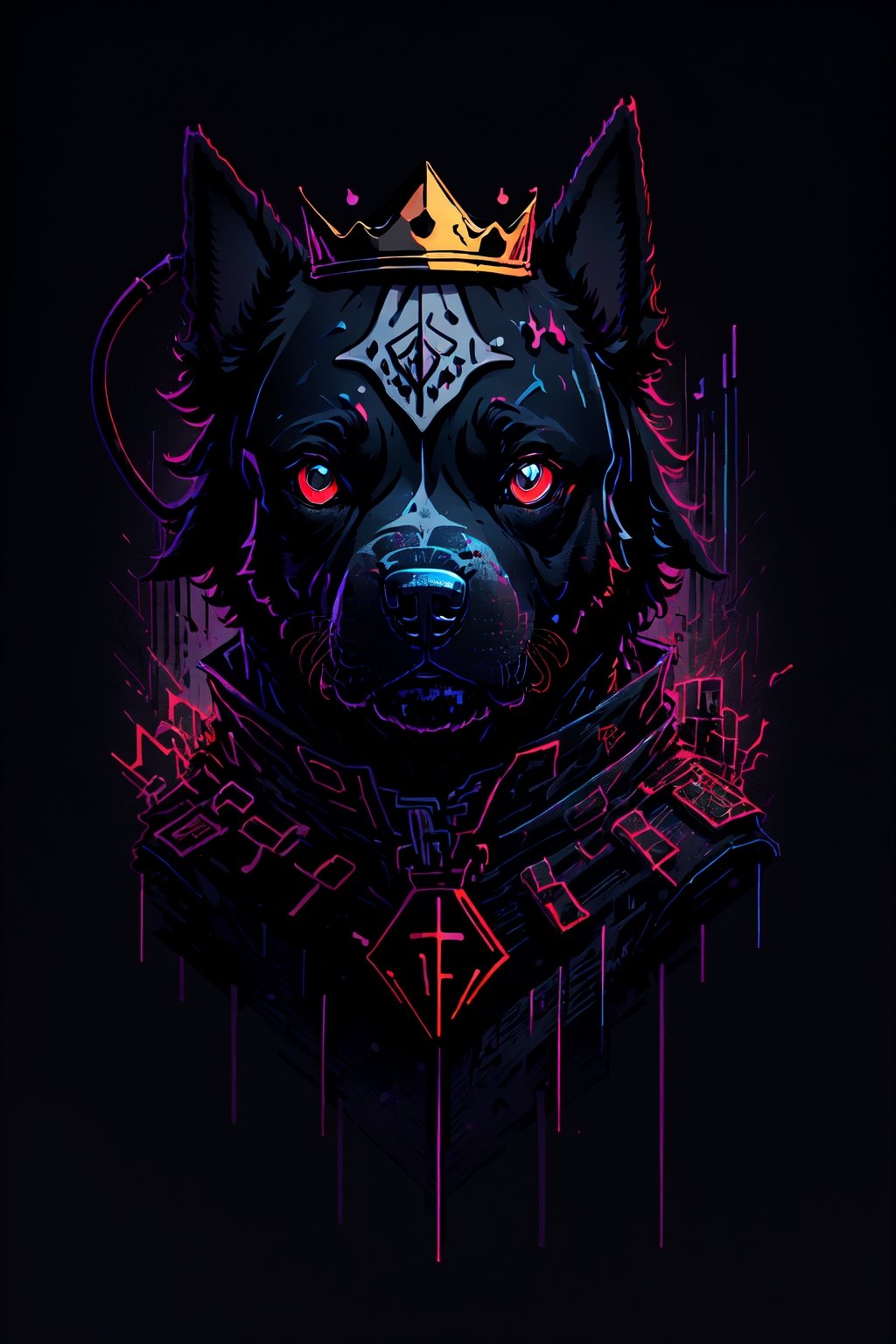 masterpiece, best quality, ultra high res, a cute Pitbull, animal, beautiful, visually stunning, elegant, incredible details, award-winning painting, high contrast, vector art, line art, splatter, flat color, color merge gradient, (dog:0.7), (dark black theme:1.2), (Red neon color), glowing,red neon, crown, dog eyes, serious, red,tshee00d,