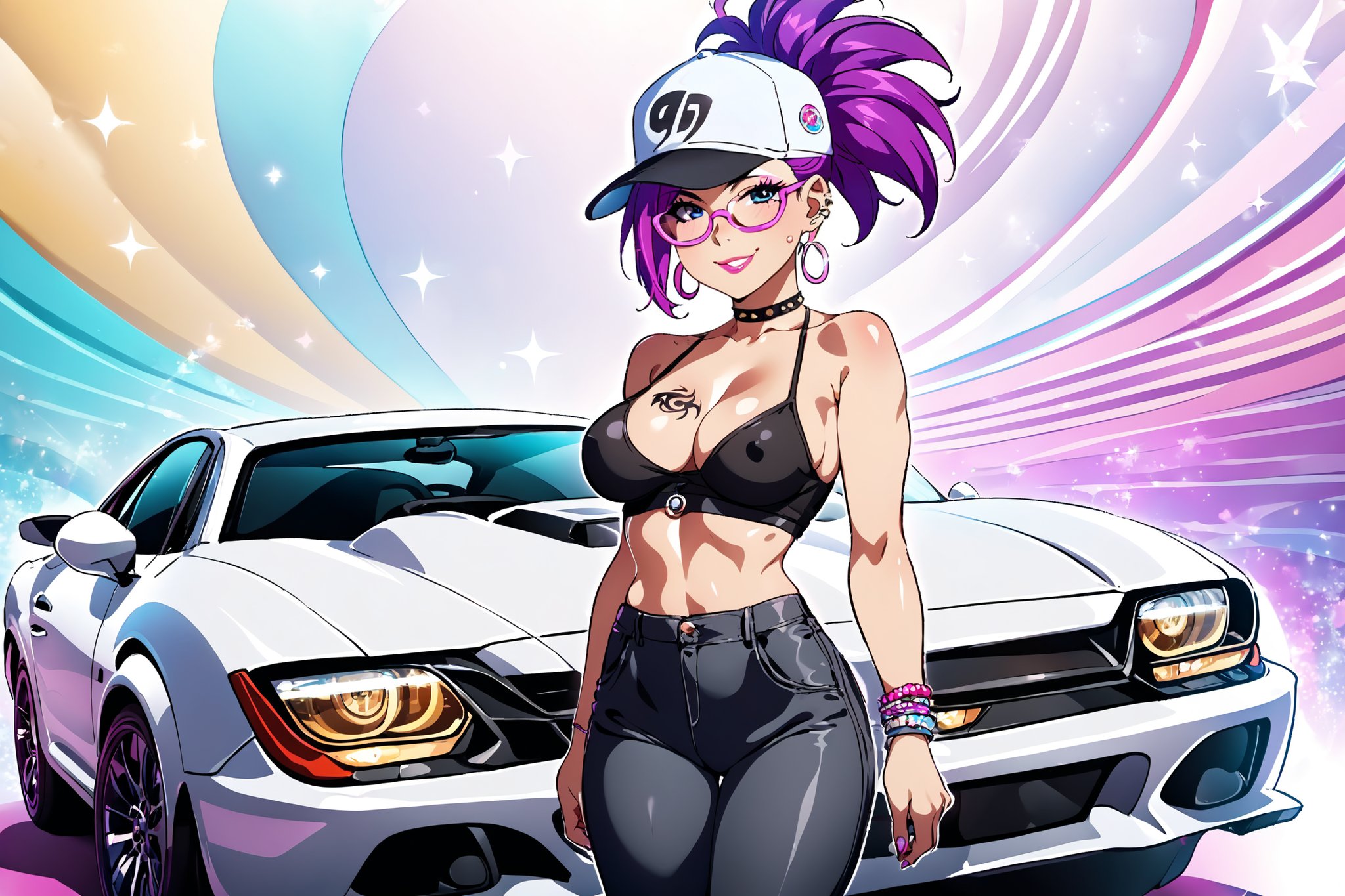 score_9, score_8_up, score_7_up, source_cartoon ,jzj, source_cartoon,where a 20 year old girl with light face wearing glasses, black muscle sando, with tattoos both on the arm, white cap and hands in his pocket pants standing next to a ,luxurious Lamborghini car. The background is a punky wall.Glowwave,Sparklecore,Toon & Anime