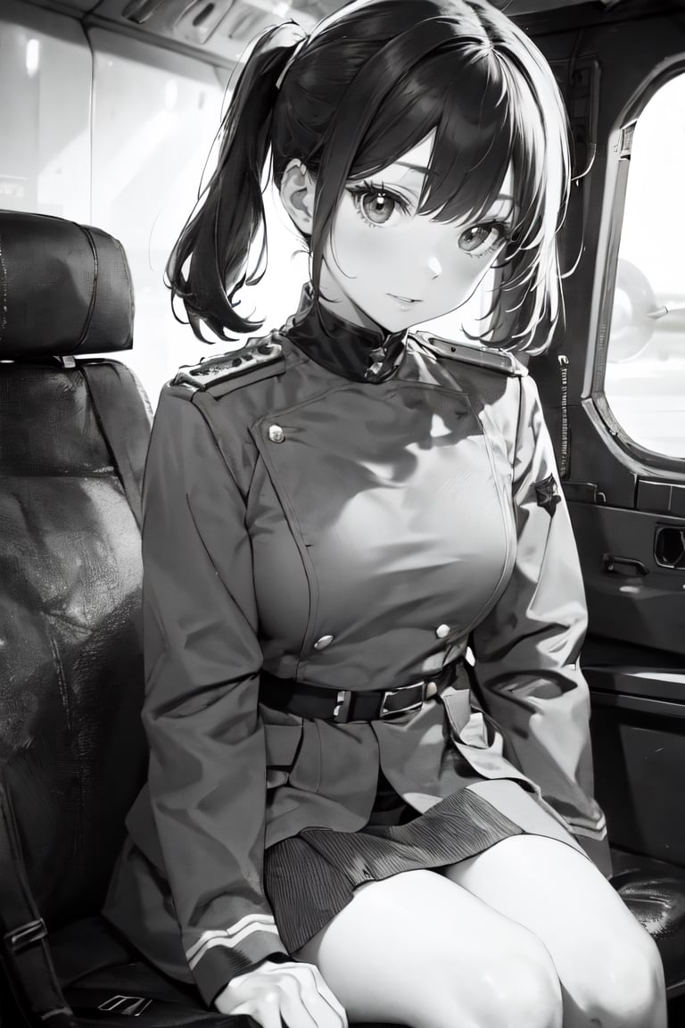(super detailed), (beautiful background, detailed background),1girl, curty Hair ,small breasts, monochrome, greyscale, female focus, (military general uniform), sitting, war,manly,holding , light ,WW, aviation ,Uniform