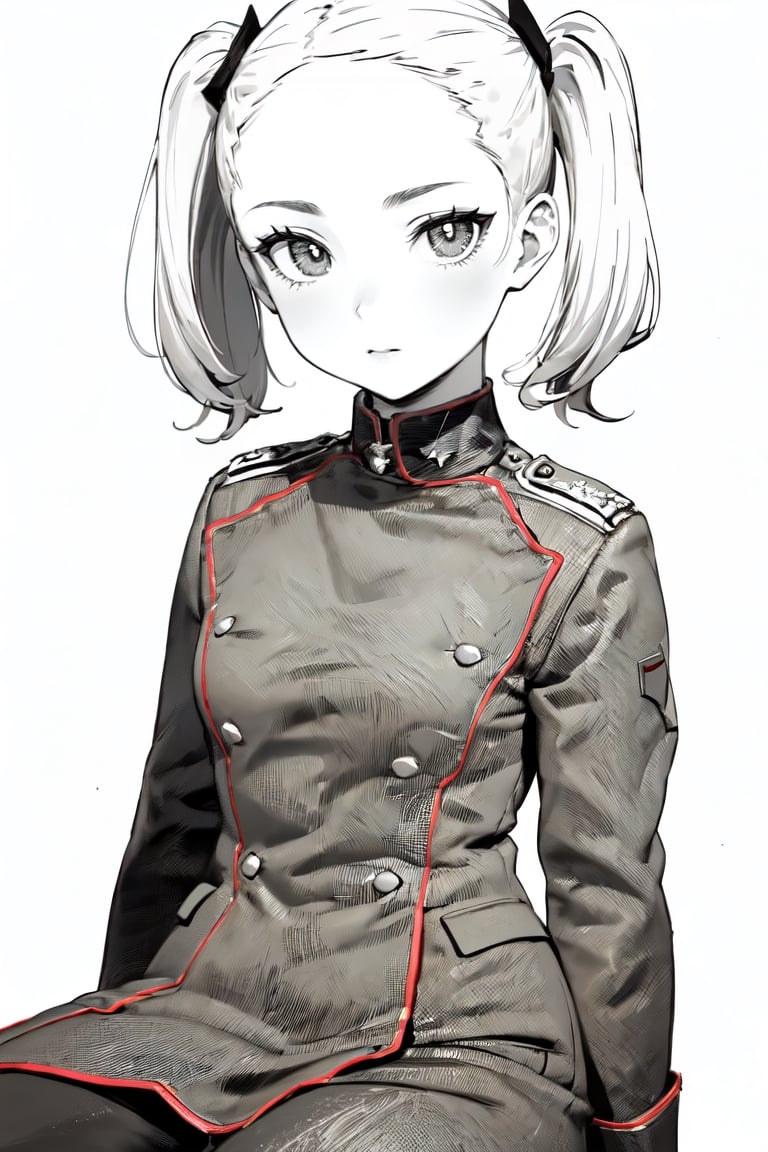 (super detailed), (beautiful background, detailed background),1girl, (Pigtails Hair) ,small breasts, monochrome, greyscale, female focus, (military general uniform), sitting, war,manly,holding , light ,WW,Uniform