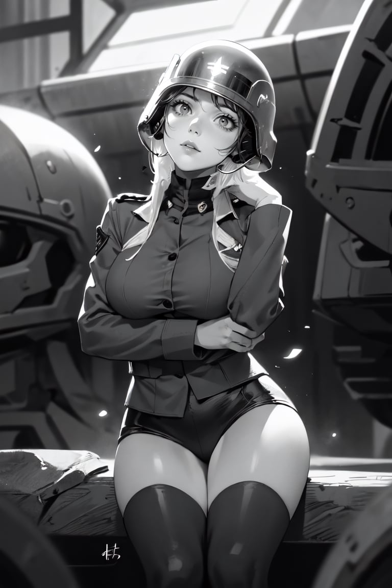 (super detailed), (beautiful background, detailed background),1girl, breasts, monochrome, greyscale, soldier, uniform, helmet, military, female focus, military uniform, sitting, war,manly,holding , light 