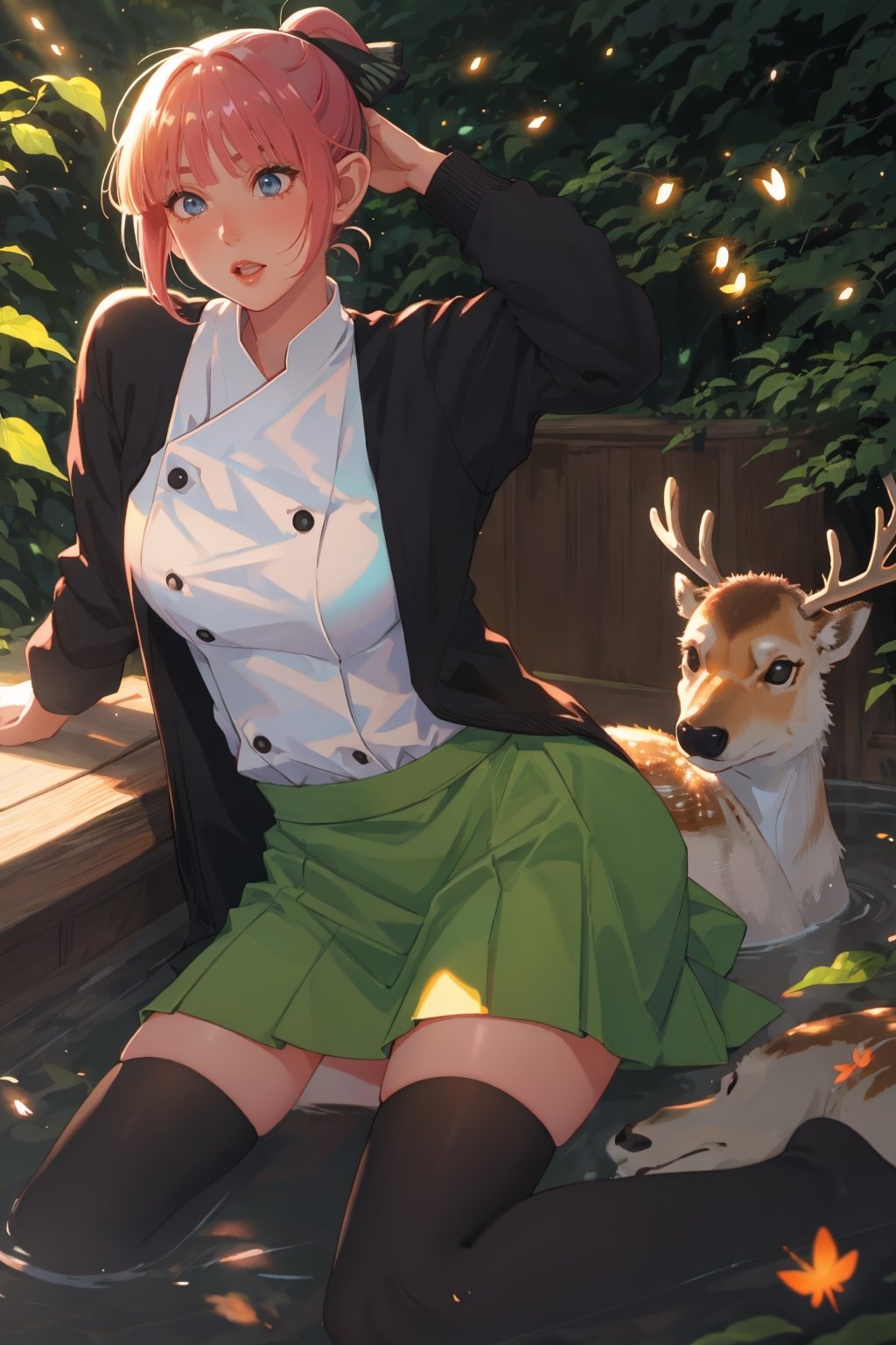 Masterpiece, best quality, (very detailed CG unified 8k wallpaper), (best quality), (best illustration), (best shadow), glowing elf with a glowing deer, drinking water in the pool, natural elements in forest theme. Mysterious forest, beautiful forest, nature, surrounded by flowers, delicate leaves and branches surrounded by fireflies (natural elements), (jungle theme), (leaves), (branches), (fireflies), (particle effects) and other 3D, Octane rendering, ray tracing, super detailed --v6, deer, 
,nn1, 1girl, hair ribbon, short hair, green skirt, white shirt, black cardigan, open clothes, white thighhighs, long sleeves

nn1, nakano nino, 1girl, hair ribbon, short hair, ponytail, chef uniform, chef, white shirt, black skirt
, long sleeves,