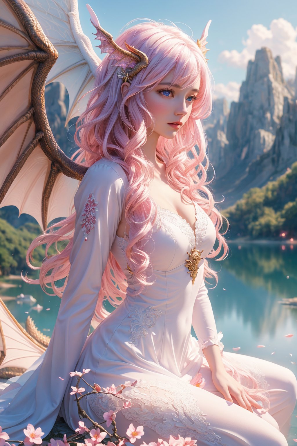 masterpiece, 1 girl, Extremely beautiful woman sitting at the edge of a lake with very large glowing dragon wings, glowing hair, long cascading hair, white hair, crimson dress with white skirt, dawn, full lips, hyperdetailed face, detailed eyes, dynamic pose, cinematic lighting, pastel colors, perfect hands, dragon girl, girl with dragon wings, dark fantasy