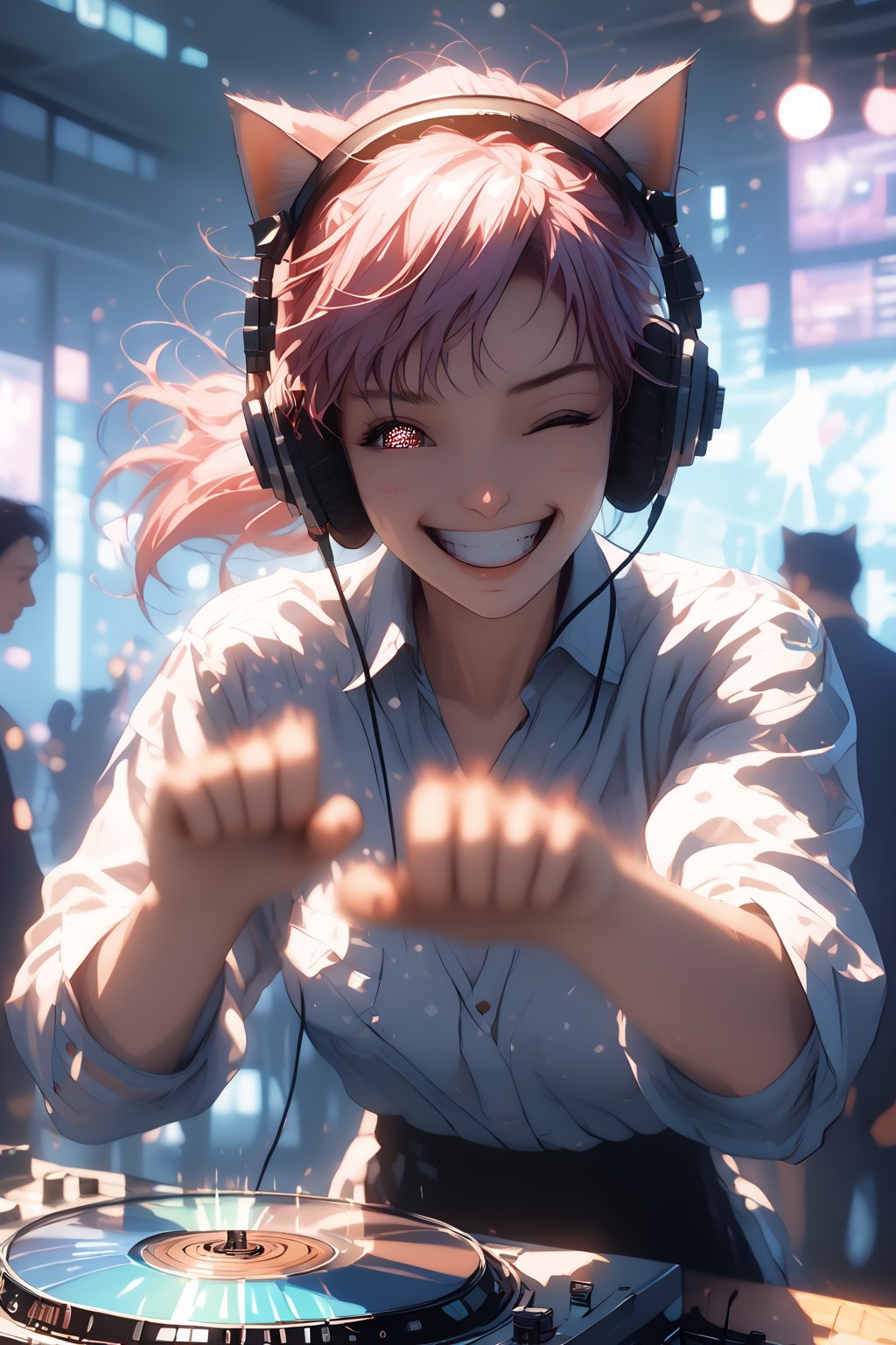 score_9, score_8_up, score_7_up BREAK  Magic Style BREAK woman, white fox, thick tail, cat ears, 30s, DJing, machines are friends, wearing headphones, raising fist, winking, Let's Go! , idol, cute, smiling, gut-punching, futuristic cute full-body coordination, attracting audience, stirring, energetic, dynamic standing, bright studio, poster-like scene, high-tension rhythm, sparkling eyes, pink hair, beautiful face, colorful colors, pull camera Composition, High Quality, 8K Ultra HD, 3D Effects Animation, Digital Animation, Daylight Atmosphere, Soft Animation Style, Kyoto Animation Style, Luminous, Luminous 3D Effects, Luminous, 3D Rendering, Octane Rendering, Isometric, Full Color , subtle animated character expressions, playful body manipulation, smiling, wide angle, camera-eye view, whimsical lighting, soft textures, imaginative artwork, mysterious glow, quiet luminous, high quality, high resolution, (blur: 2)