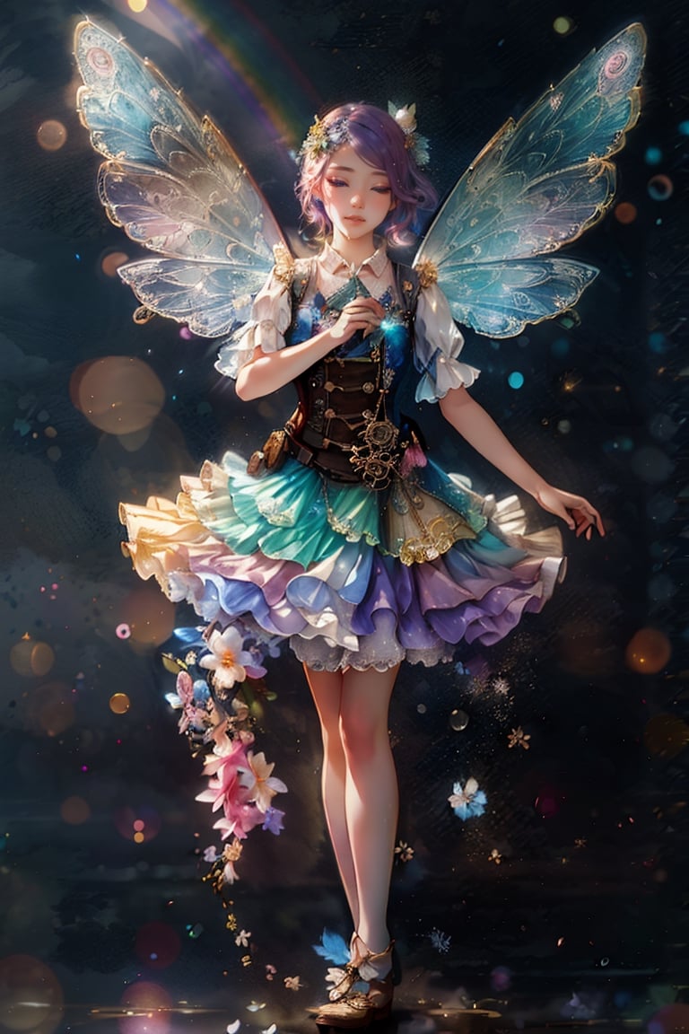 fine art masterclass splash spray trickle daubs of rainbow opaline Prisma Sakuraoil color,Steampunk celestial ethereal ghostly Fairy, HDR, ultra high-detail, centered, bokeh, lens flare, foggy dusk, bloom, light bloom, cinematic lighting, high dynamic range, depth of field, full body,1girl, roujinzhi,