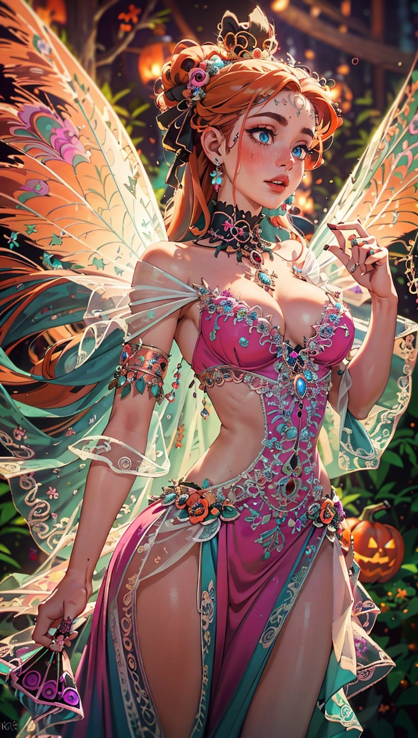 (Fairy),((Full body:1.5)),contrapposto,(Masterpiece,high definition, best quality, superior quality, intricate details, beautiful aesthetic:1.2),high quality, 8k, raw, ultra details, extremely detailed and beautiful,{Red dress}:1.5), female, {turquoise blue eye color},{crystal clear eyes},{orange hair color}, {pink lips},{background forest Magic}
,(masterpiece, best quality:1.2),ornaments
,Halloween,halloween pumpkin,cobweb, spiders, skull candles Halloween