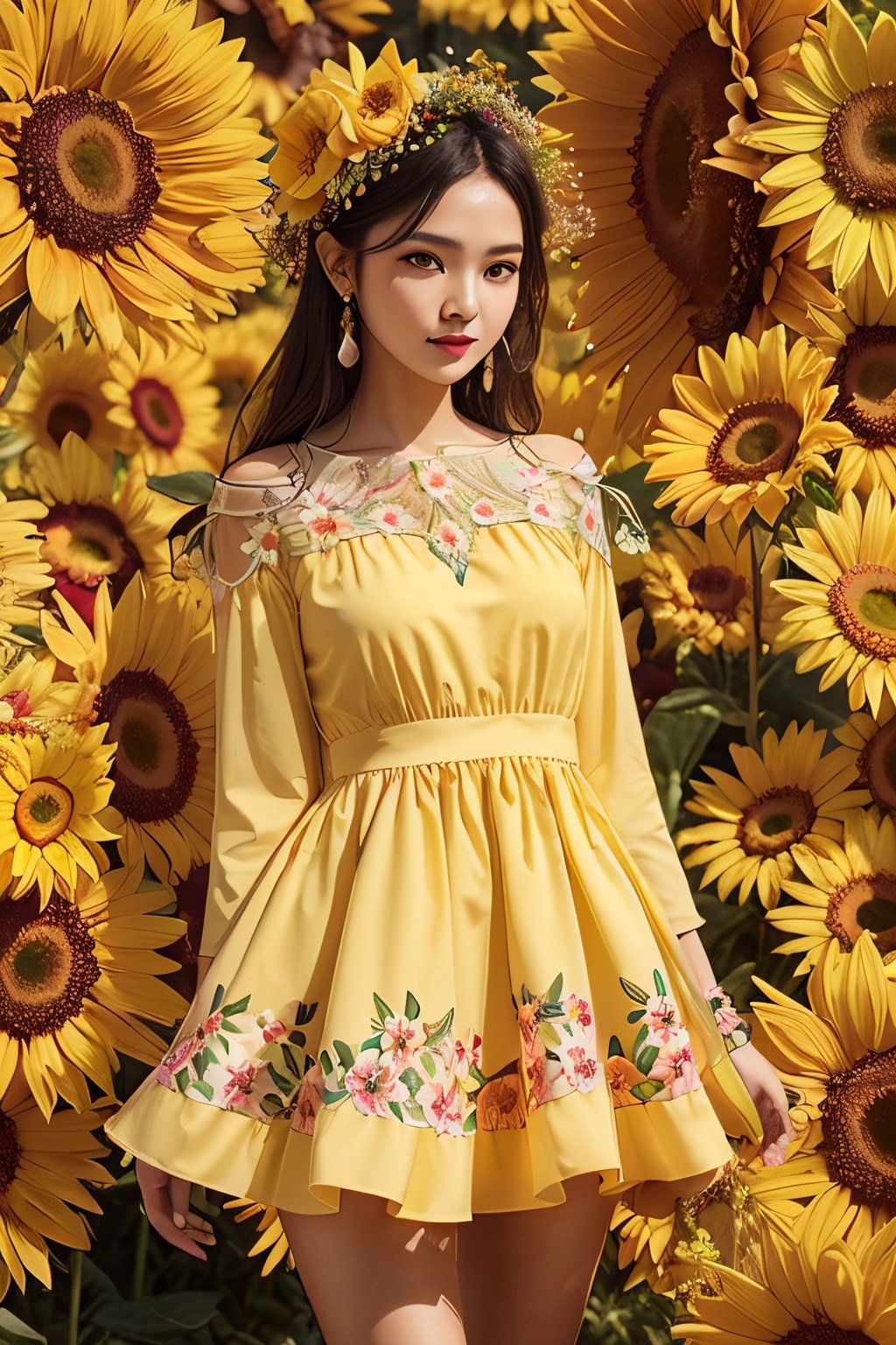 woman, flower dress, colorful, darl background,flower armor,yellow theme,, 