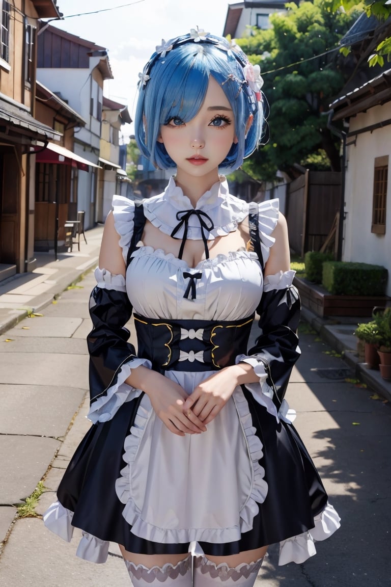 anime, hdr, soft light, ((best quality)), ((masterpiece)), (detailed),  rem_\(re_zero\), hair over one eye, x hair ornament, (akatsuki outfit:1.1), looking at viewer, upper body, village, sunset, nature,aarem, short hair, maid headdress, x hair ornament, hair ribbon, single horn, glowing horns, hair over one eye, large breasts, frills, neck ribbon, cleavage, dress, detached sleeves, white apron, waist apron, white pantyhose