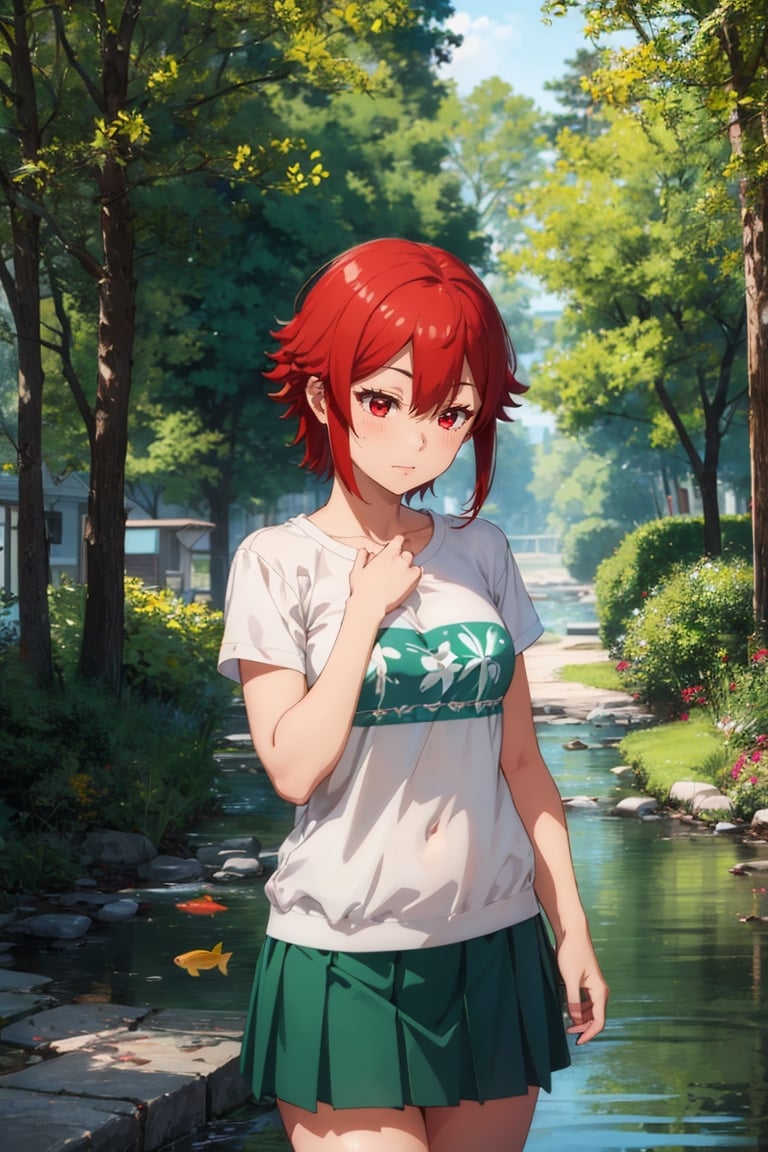 fish, 1girl, closed eyes, liquid hair, goldfish, solo, skirt, shirt, tomo aizawa, short hair, (red eyes:1.3), hair between eyes, red hair, background forest, fairy scene, water 