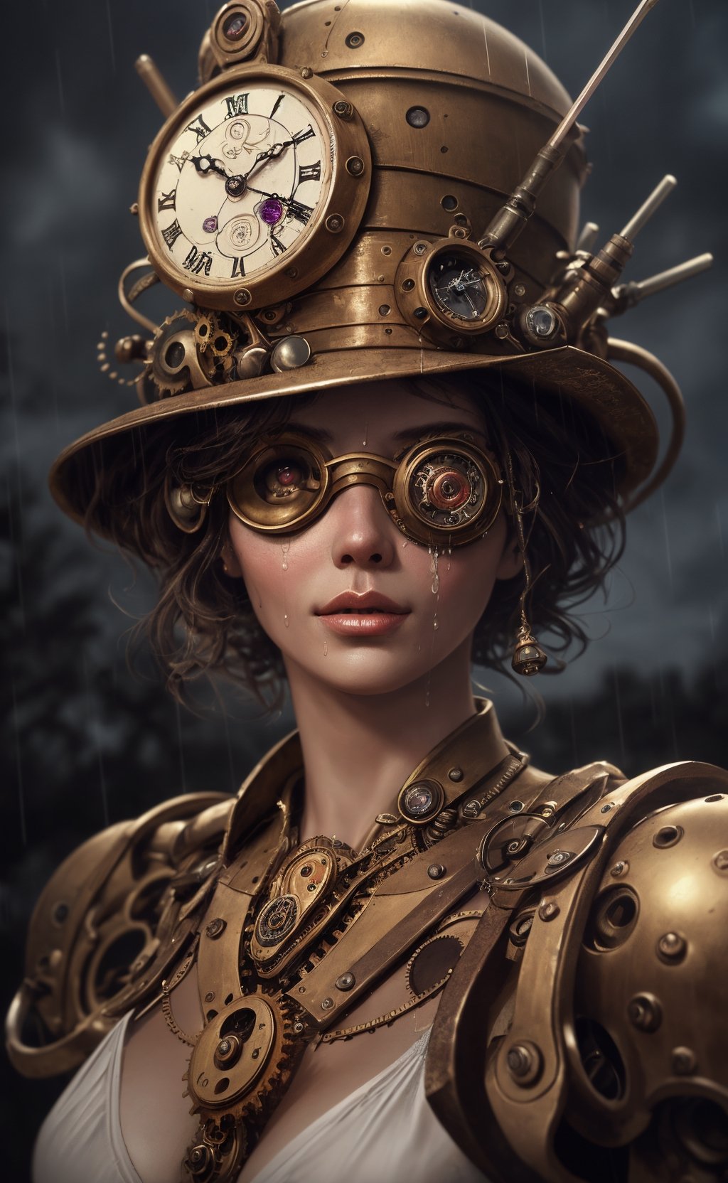 olpntng style, high quality steampunk portrait of the woman called Goddess Time with a clock for a head played by Sam Elliott, clock goggles, amazing background, by tomasz alen kopera and peter mohrbacher, dripping sparks, rain, sharp focus, clear, vibrant, denoised, intricately detailed, amazing clock, 32k, steampunk clock render engine, oil painting, heavy strokes, paint dripping,HZ Steampunk,dashataran,3d style,perfecteyes,mecha