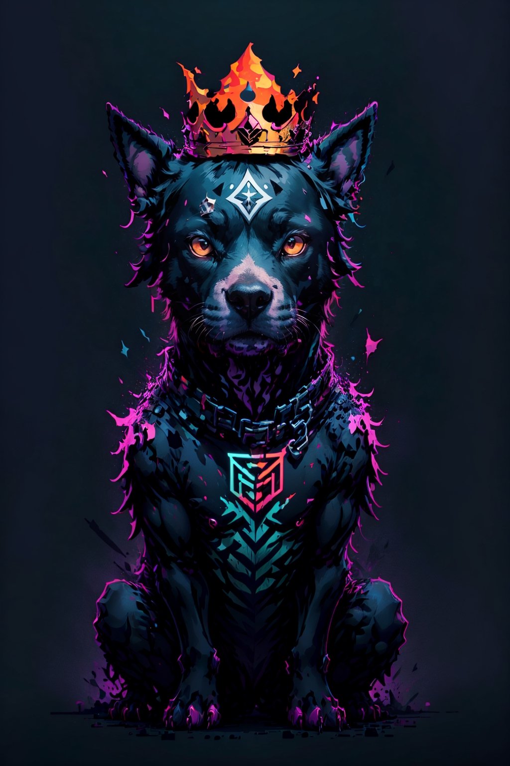 vector style, solo, looking at viewer, simple background, sitting, no humans, res, a cute Pitbull, animal, beautiful, visually stunning, elegant, incredible details, award-winning painting, high contrast, vector art, line art, splatter, flat color, color merge gradient, (dog:0.7), (dark black theme:1.2), (white neon color), glowing,red neon, crown, dog eyes, serious, red,tshee00d,white color