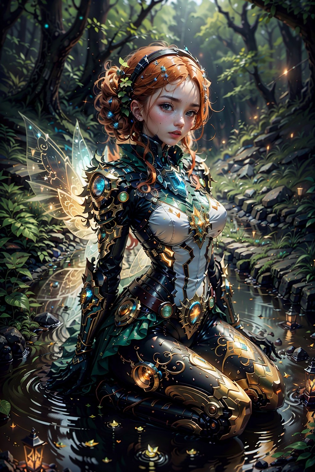 a ginger Huntress detailed, symmetric, luminism, dark shot, a dark night magical forest atmosphere, octane render, a fairy dust, a bioluminescence, a purity, detailed face, night, maximalism, rococo, global illumination, luminism, detailed, intricate, fractal details, hyperdetailed, a cloths soaked in a brightly shining led fairy dust, warm colors, intricate details, volumetric, glaring eyes, ultra closeup,fantchar,mecha musume