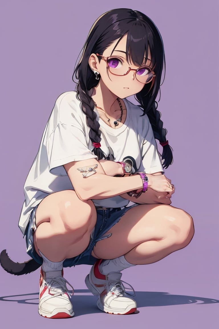 Masterpiece,best quality, ultra detail,jewelry, purple background, ring, braid, shoes, 1girl, squatting, shirt, solo, wristwatch, watch, furry, tail, sneakers, long hair, simple background, sunglasses, twin braids,socks, necklace, full body, short sleeves, yellow-framed eyewear, fingernails, red shirt, whiskers, glasses, white footwear, pants, earrings, piercing, furry female, bracelet, looking at viewer, shadow