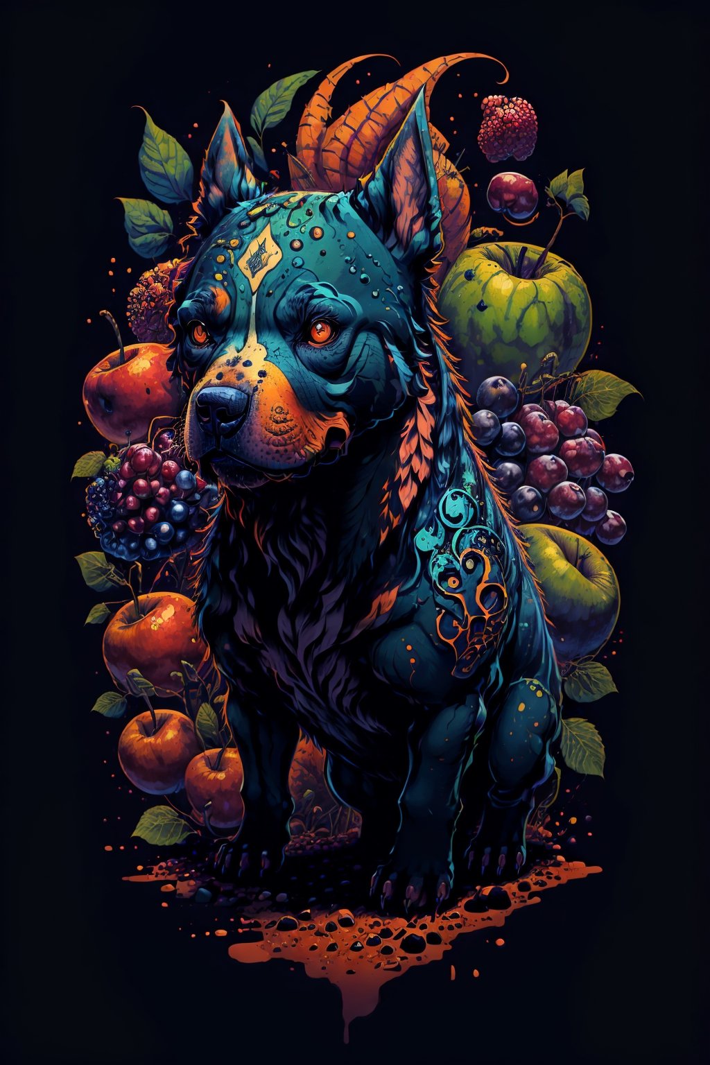 cute00d, tempera (medium), Pitbull dog, fruit background, ,tshee00d, vector art,fantasy00d