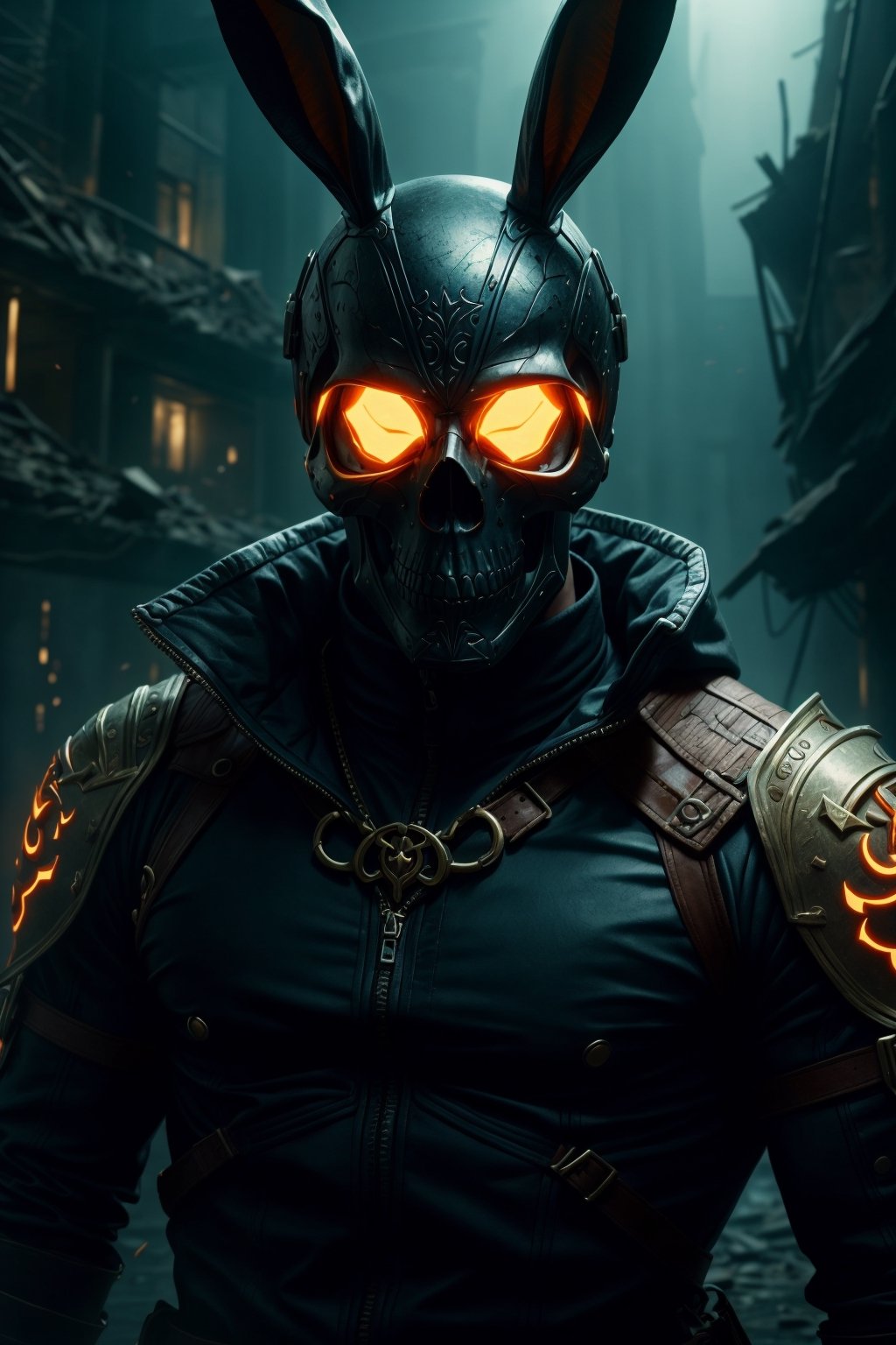 1man with bunny head, front, portrait half body of muscular ludenskojima, science fiction, skull mask, black gloves, debris, ruins, detail, realistic, ornate, half upper body, bokeh, blurry background, blue and orange light,