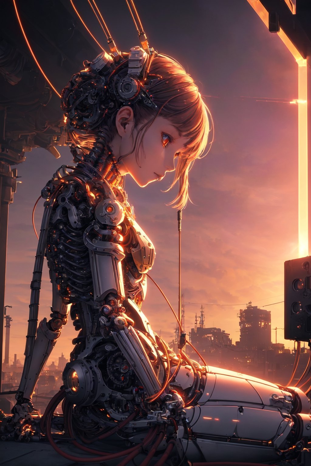 (masterpiece), (best quality), ((ultra-detailed)), (highly detailed CG illustration), ((an extremely delicate and beautiful)),(from side),cinematic light,((1mechanical girl)),solo,half body,(machine made joints:1.2),((machanical limbs)),(blood vessels connected to tubes),(mechanical vertebra attaching to back),((mechanical cervial attaching to neck)),(sitting),expressionless,(wires and cables attaching to neck:1.2),(wires and cables on head:1.2)(character focus),science fiction,city background, extreme detailed,colorful,highest detailed,(face shadow (extra detailed,best performance)), laser eyes (detailed red))fire in holes of hands)