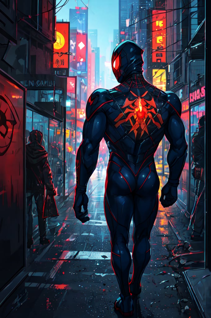 1man (full_body, masculine_body, muscular_body, detailed, (he is wearing a full body suit that is dark_blue and has a round red symbol on his back and has a futuristic minimalistic design), (he is wearing a mask that covers his entire head and face), peter_parker, spider-man, (he is walking)),the scene is situated in new york city, the man is viewed from behind