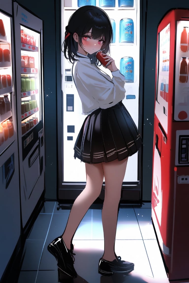 by nixeu, 1girl, gradient red eyes, short black hair, Suzune Horikita \(classroom of the elite\), shy, blush, looking at viewer, vending machine, skirt, shoes, solo, shirt, standing, holding, can, pleated skirt, bottle,