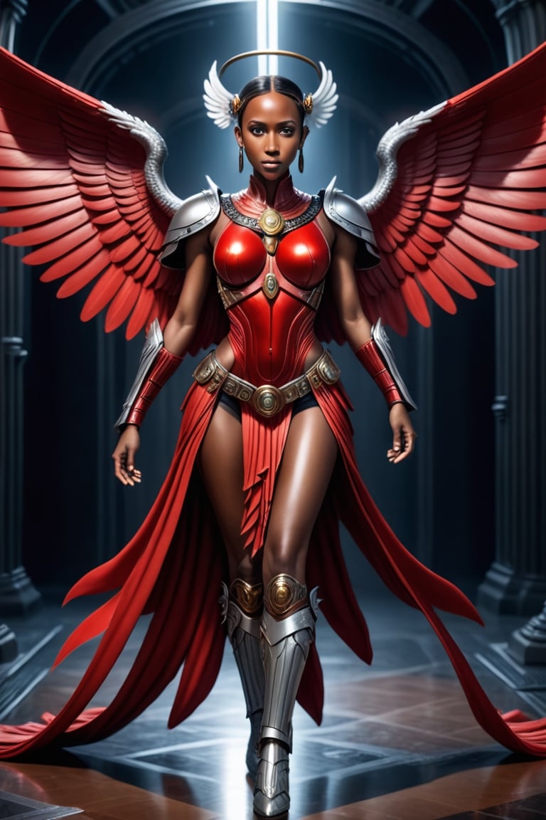 (((iconic,futuristic-sci-fi but extremely beautiful),  pea red)
(((intricate details, masterpiece, best quality)))
(((Wide angle, full body shot, profile view)))
(((dynamic pose, looking at viewer))) 
erotic armor, angel wings, 
black skinned african girl,large rounded breast 32F,breasts out, nipples visible, erected nipples,  ,Seraphim, cyborg style