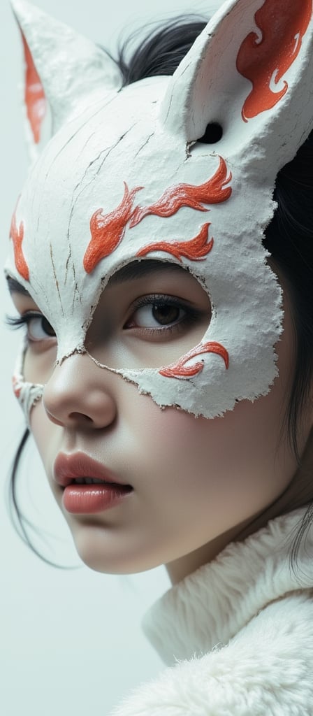 selective color. A close-up image of a breathtaking young woman wearing a half-broken Kitsune mask. The mask, adorned with swirling red accents, is crafted in white porcelain with a chipped edge and fox-like ears. It covers one side of her face, revealing her other strikingly beautiful features. The visible eye is deep and expressive. The image begins in a Charcoal sketch style, transitioning into soft, muted colors as the scene becomes more realistic. Dramatic lighting casts shadows across her face and mask, with an abstract white background that emphasizes the contrast between the mask and her features.,   