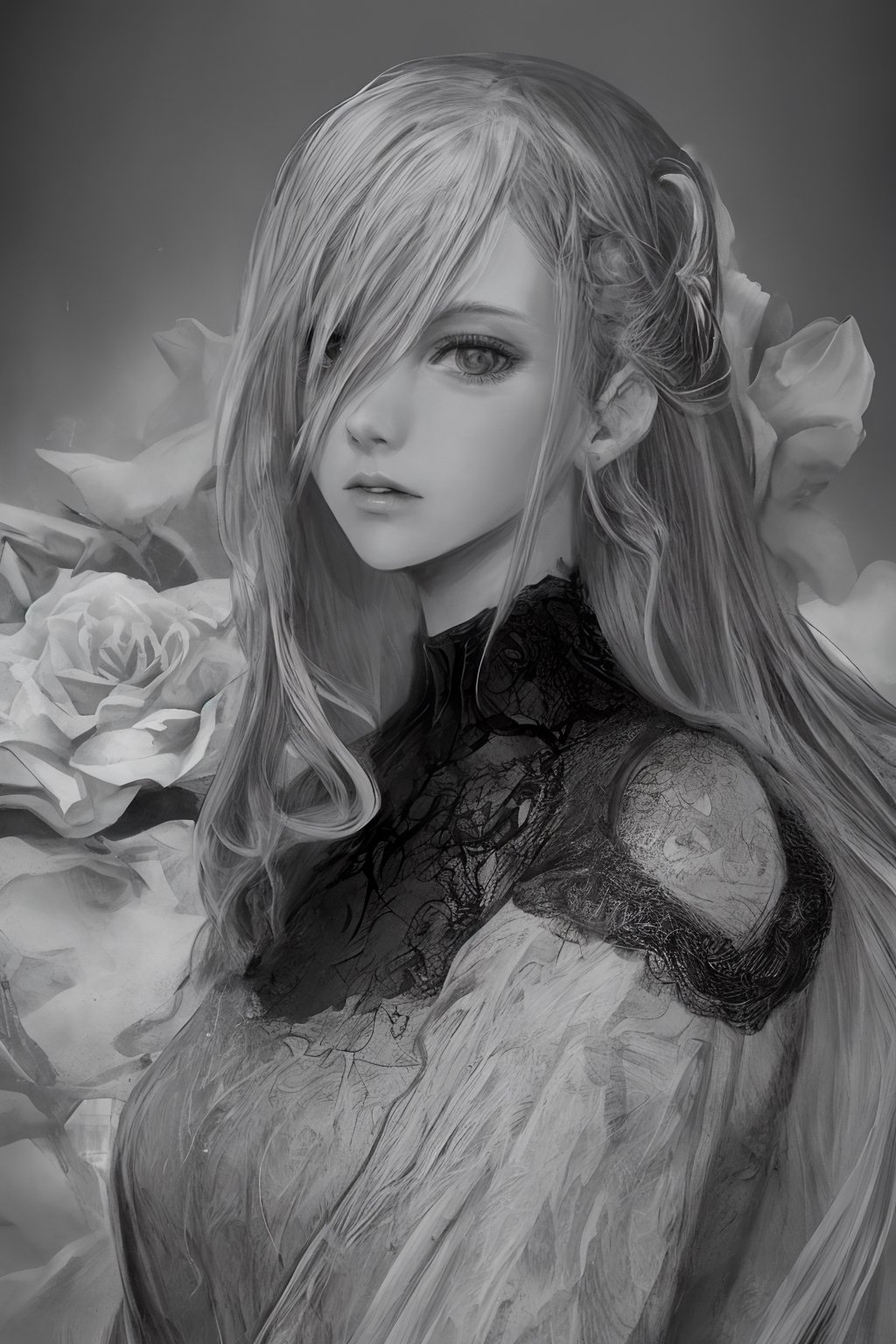 masterpiece, high quality, 1girl, solo, protrait, tattoo, hyper waifu, fcPortrait, blood, rose petals, upper body, simple background, illustration,
,highres,rayen dress,High detailed ,monochrome,EpicArt