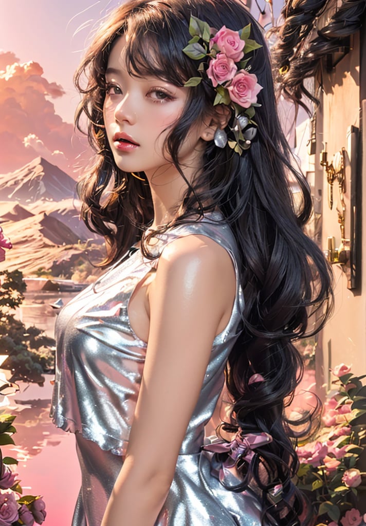  masterpiece, top quality, best quality,(close-up:1) (gradient Metallic tin foil background:1), ((1girl, gradient gradient hair)), ( gradient Metallic tin foil dress, pink eyeshadows)