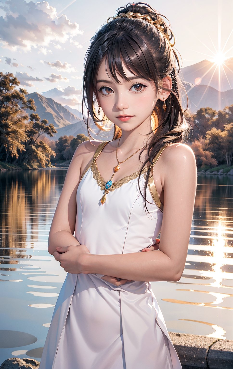 1 girl, serene expression, mesmerizing eyes, straight long hair, flowing dress, poised posture, porcelain skin, subtle blush, crystal pendant BREAK golden hour, (rim lighting):1.2, warm tones, sun flare, soft shadows, vibrant colors, painterly effect, dreamy atmosphere BREAK scenic lake, distant mountains, willow tree, calm water, reflection, sunlit clouds, peaceful ambiance, idyllic sunset, ultra detailed, official art, unity 8k wallpaper , zentangle, mandala,wearing wrenchpjbss,AIDA_LoRA_LauraB