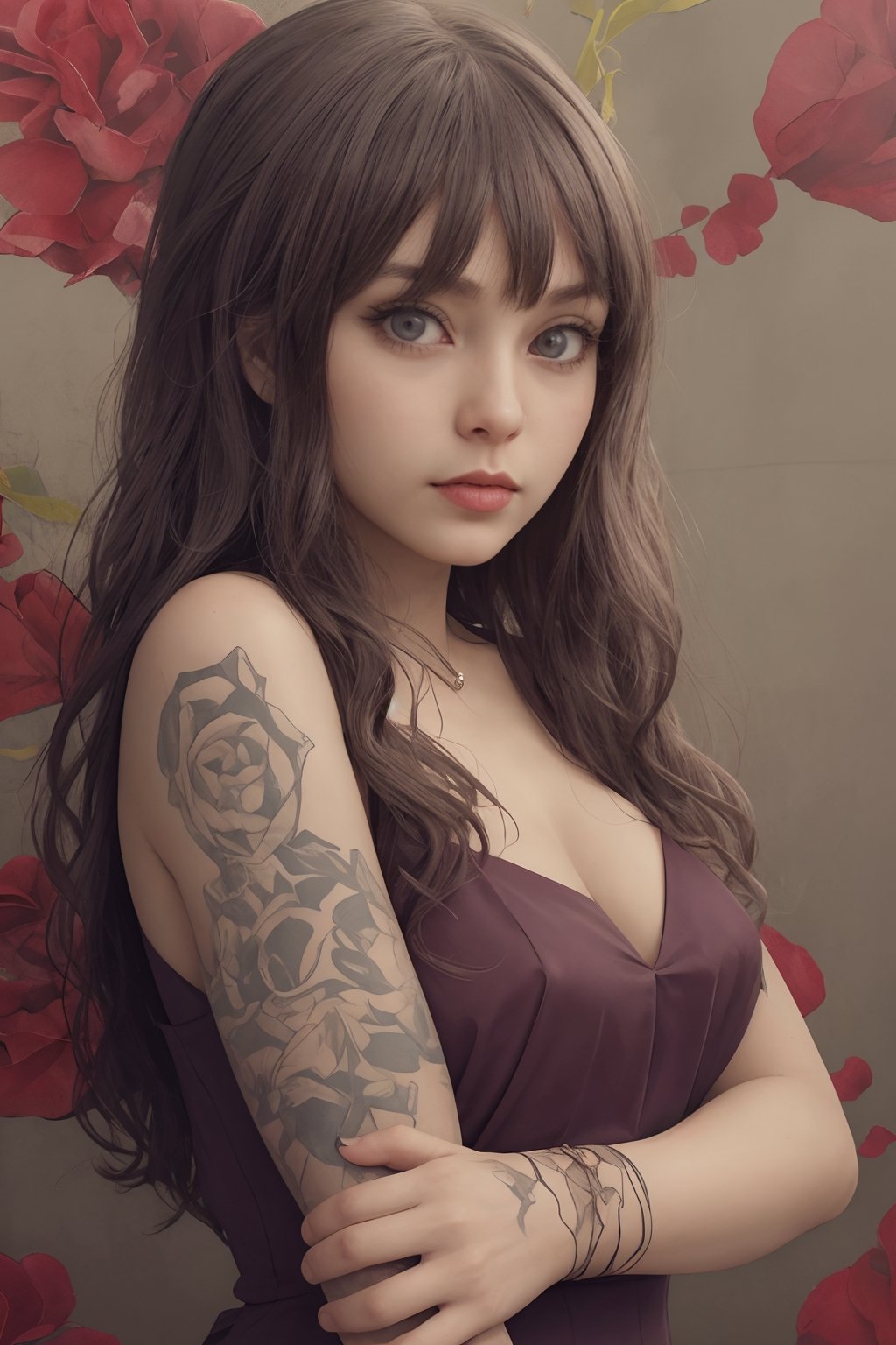 masterpiece, high quality, 1girl, solo, protrait, tattoo, hyper waifu, fcPortrait, blood, rose petals, upper body, simple background, illustration,
,highres,rayen dress