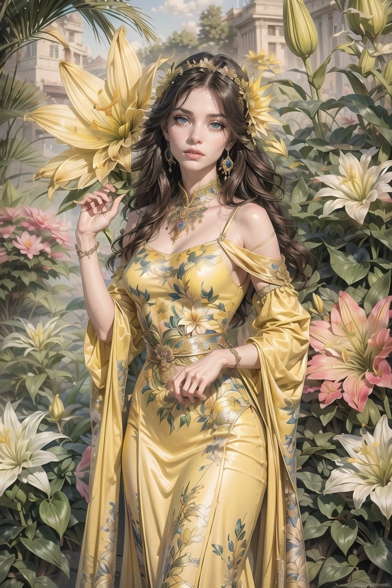 (Cinematic lighting, bloom), (outdoor), (Best Quality, Masterpiece, high resolution), (beautiful and detailed eyes), (realistic detailed skin texture), (detailed hair), (realistic light and detailed shadow), (real and delicate background), (half body), 1girl, A lady with long black hair, hair flower, earrings, chinese style Clothing, ancient cheongsam, Collarbone, Disgusted Scowl, parted lips, Transparent watercolor, ((yellow lily)), mucha art style,ancient_beautiful