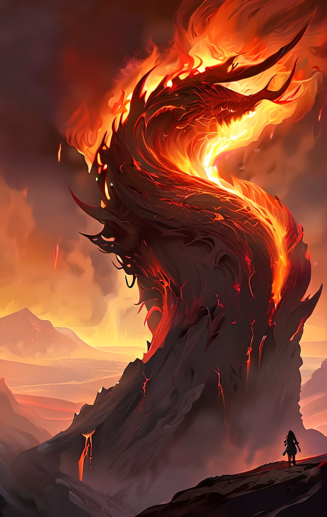 Infernal Awakening: A vengeful lava monster goddess, hunched over and turning to face us with fiery eyes. Her long, flowing hair of molten lava cascades down her lava rock body, adorned with jagged cracks that seem to crackle with inner flames. Wreathed in a halo of fire, she sits atop a rocky outcropping, the dark, smoky atmosphere of the Nether swirling around her. Tears stream down her face as her soul glows with an otherworldly light, while lava flows beneath her, illuminated by the eerie luminescence. Inspired by the works of MTG artists, Charlie Bowater, and Da Vinci, this hyperrealistic digital painting combines smooth textures with atmospheric perspective to evoke a sense of foreboding dread in the viewer.