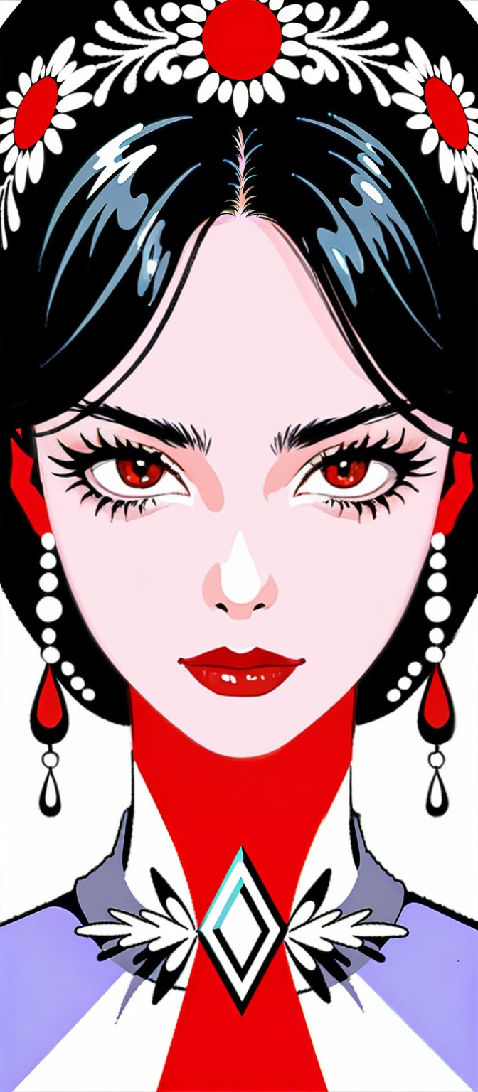 More about Elegant Portrait: Woman in Red and White An illustrated portrait of a woman with striking eyes and black hair, wearing a red and white historical dress, adorned with elegant jewelry.